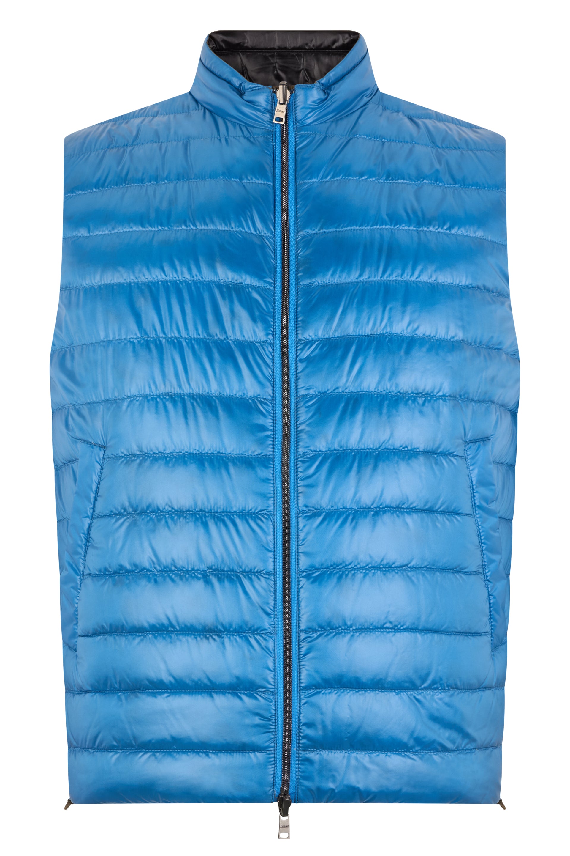 Padded vest in blue color with zip and high collar