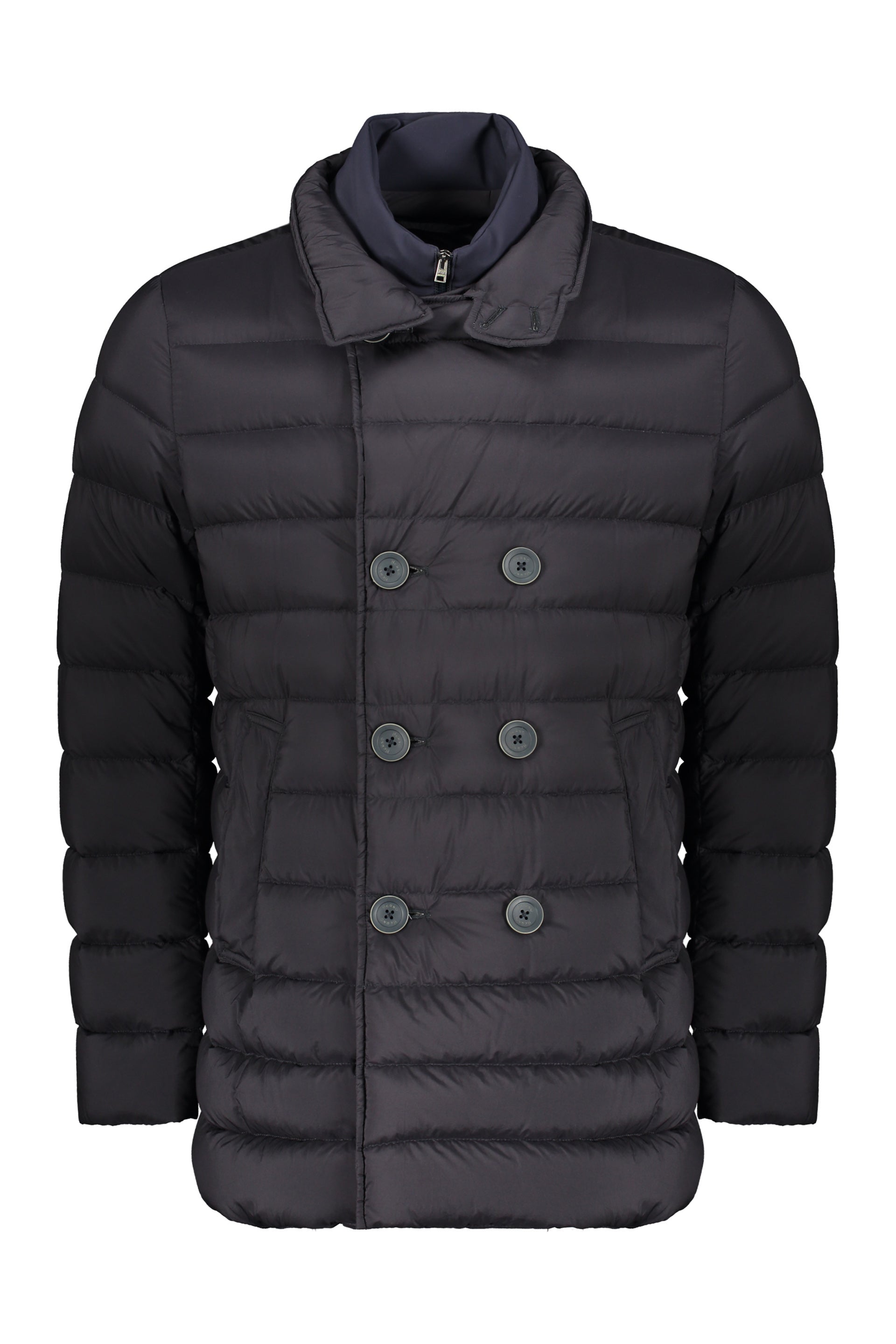 Black padded jacket with double-breasted closure