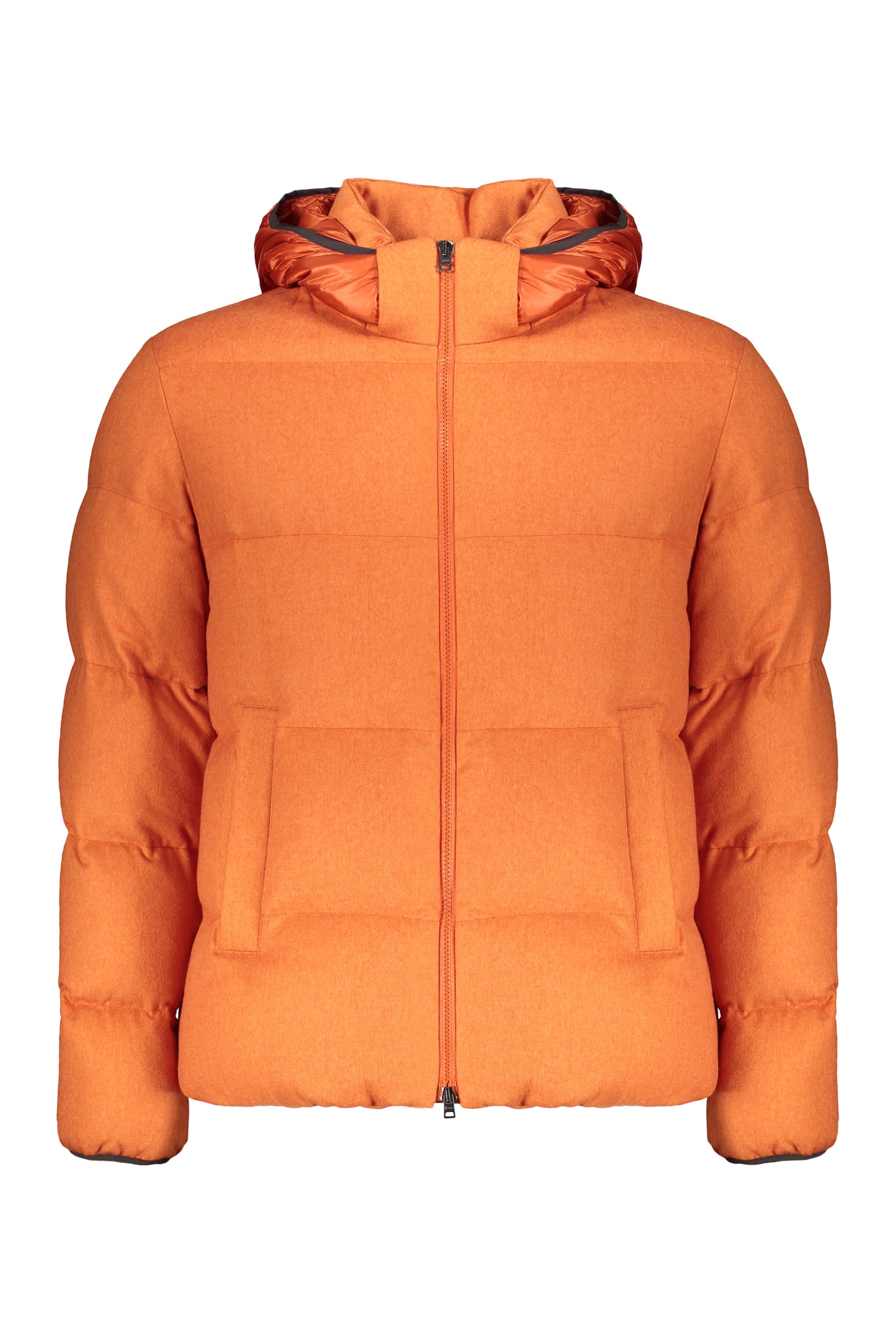 Orange down jacket with hood