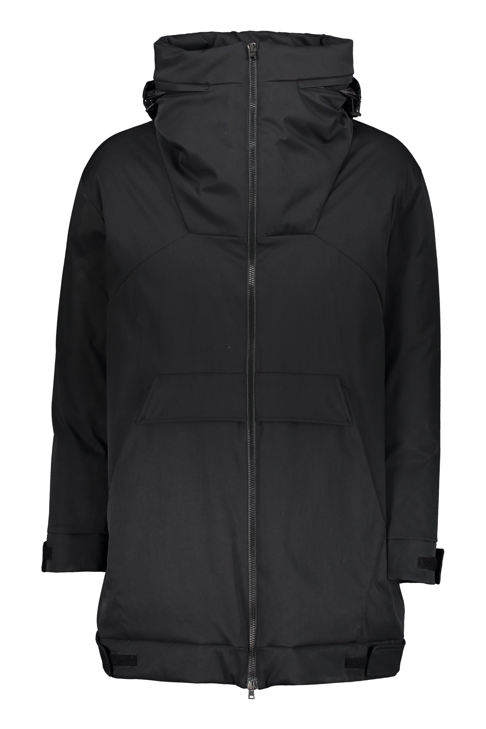 Black jacket with adjustable hood