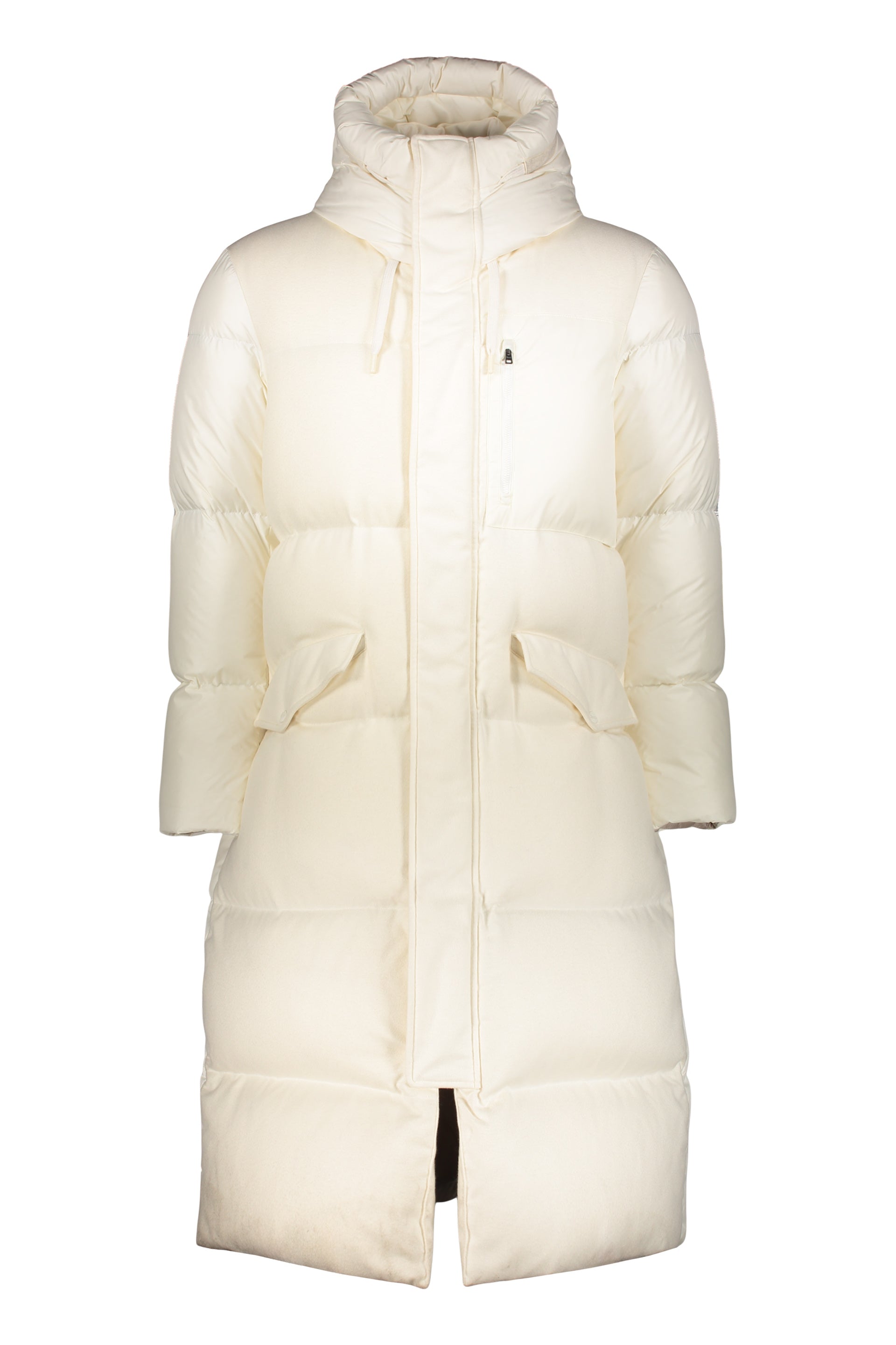 Long white down jacket, elegant and warm.