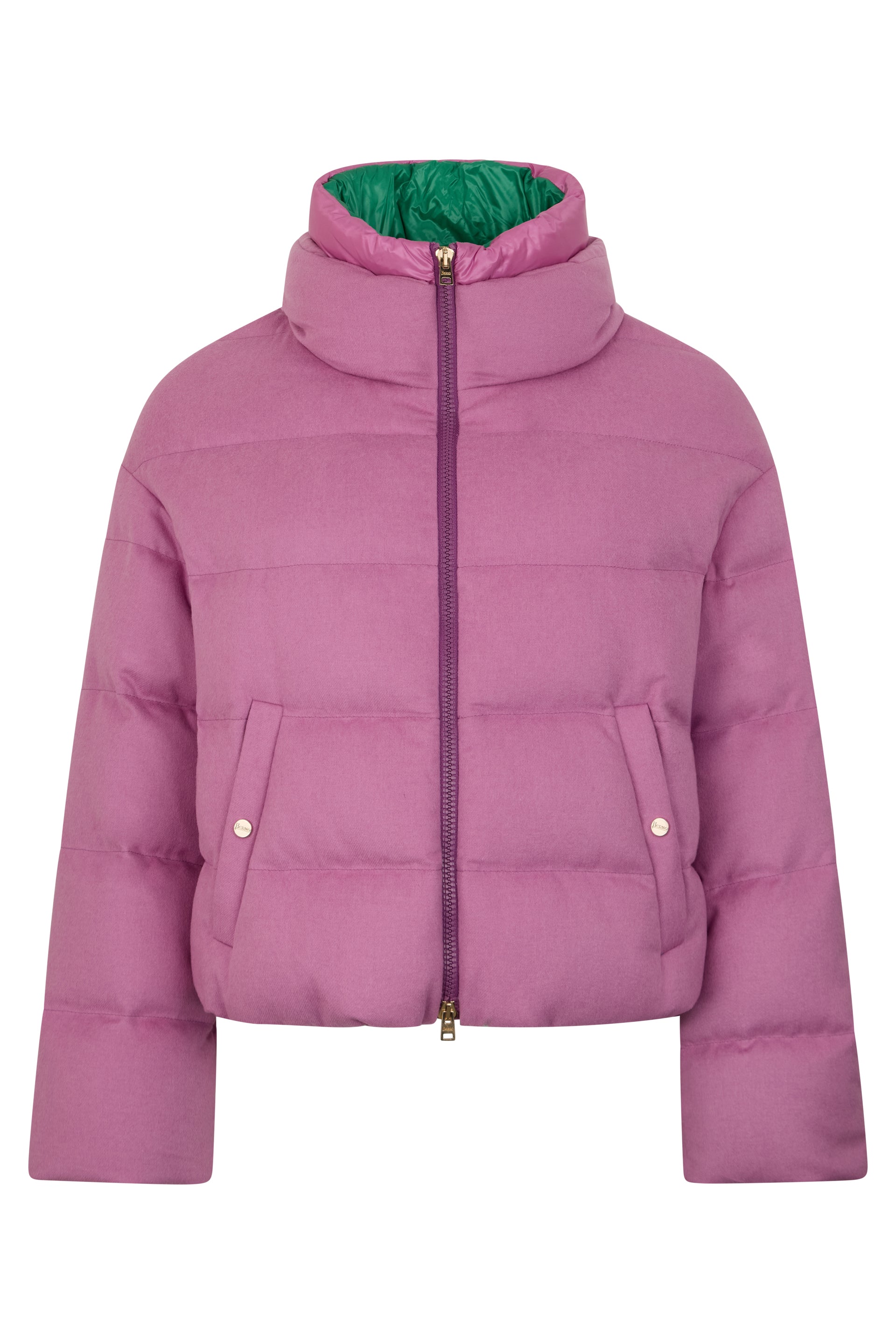 Pink padded jacket with elegant green lining