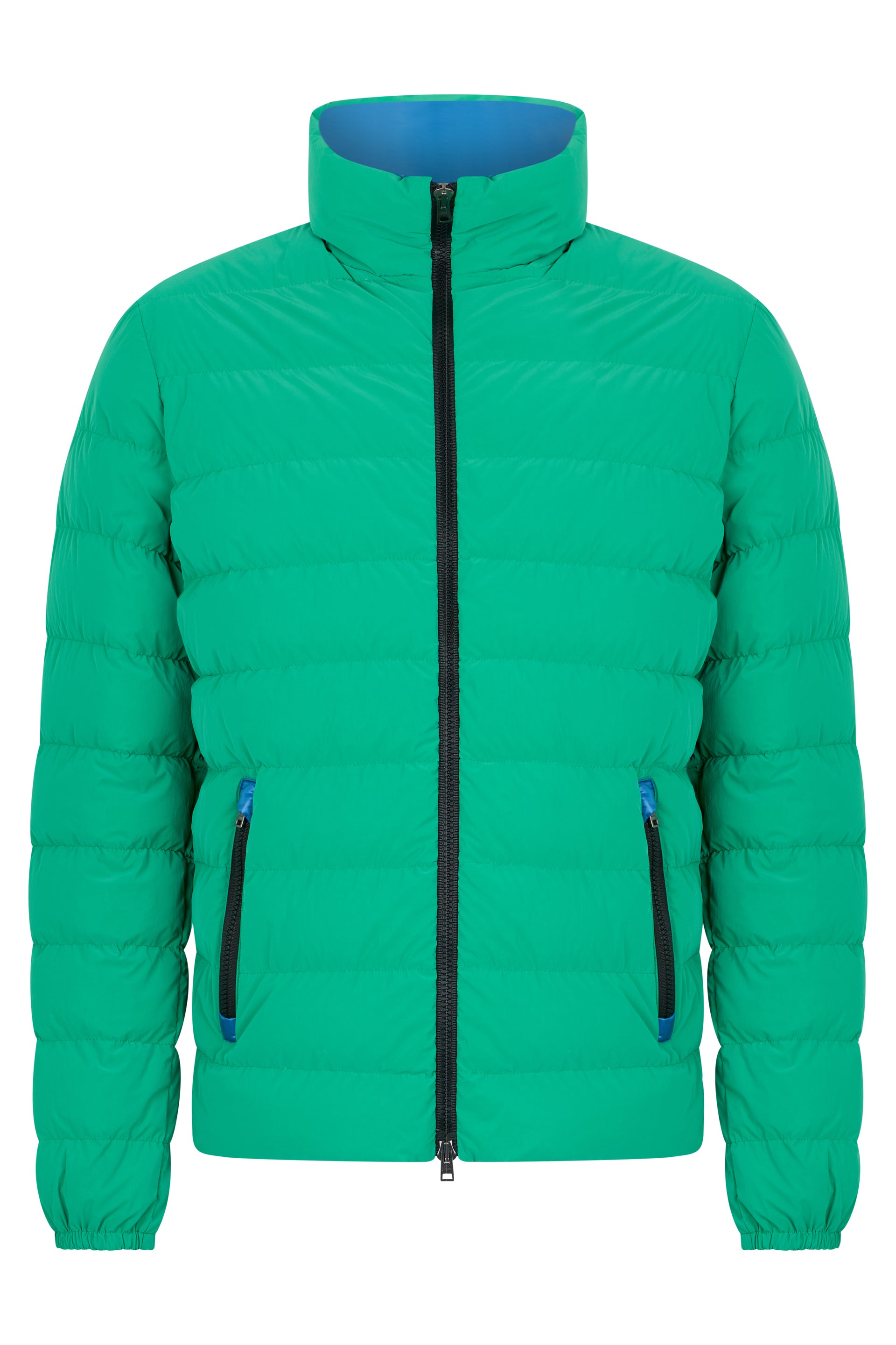 Green puffer jacket with zipper, comfortable and durable
