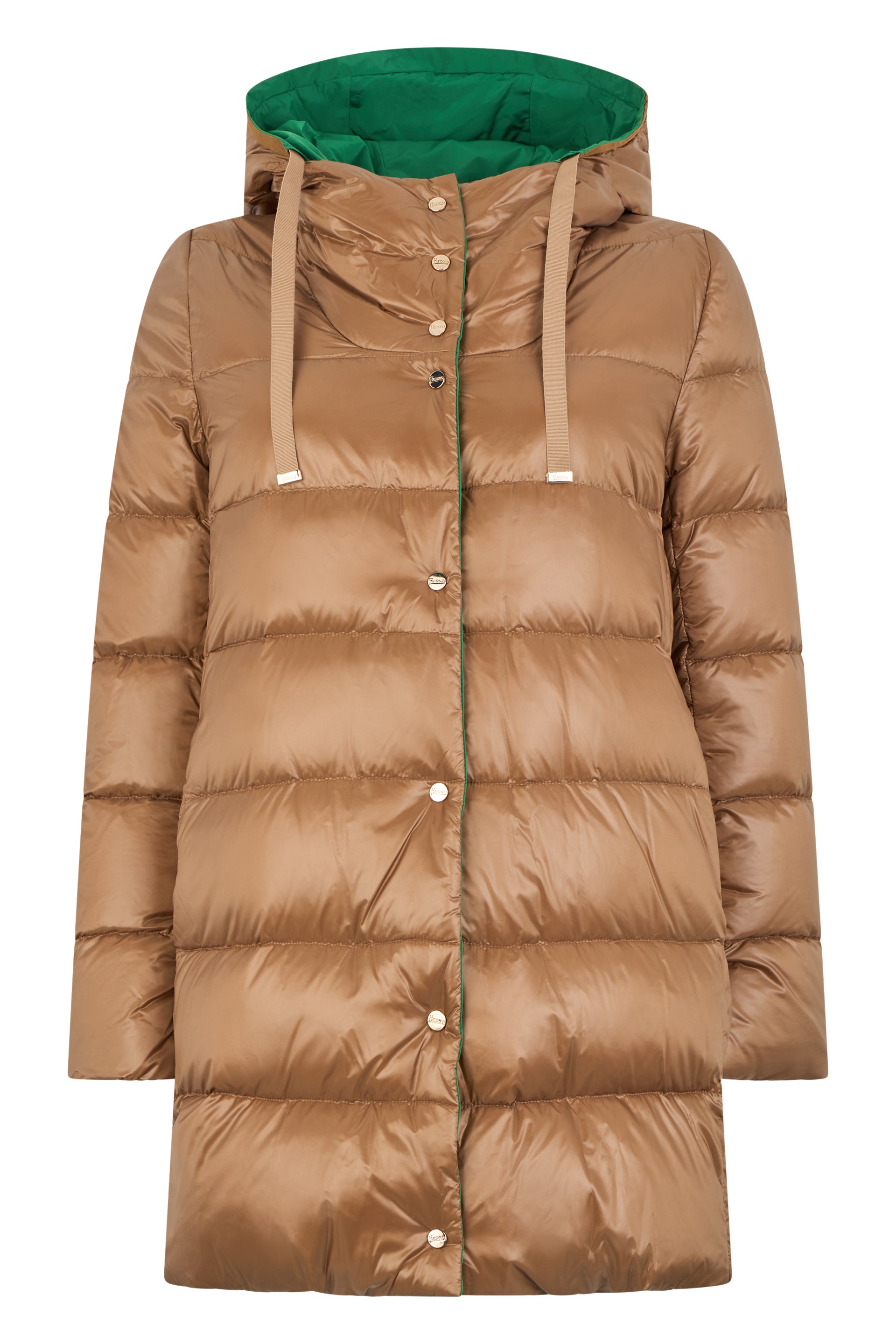 Brown puffer jacket with hood, warm and modern