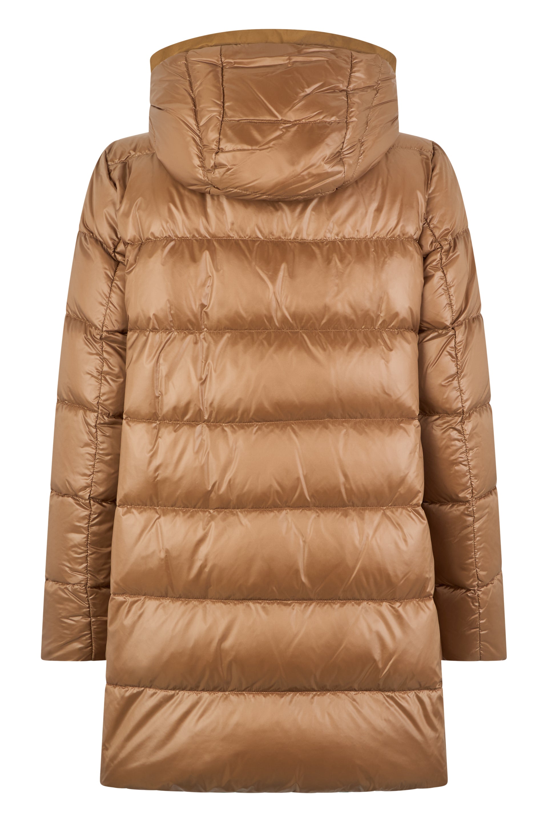 Brown puffer jacket with hood, warm and modern