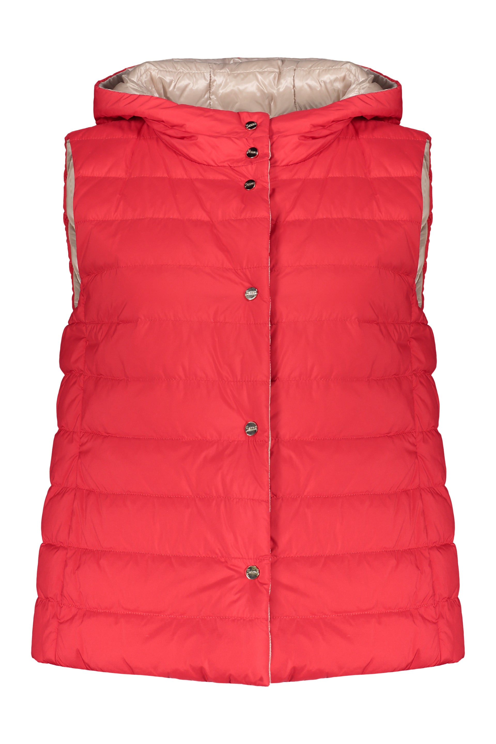 Red puffy jacket without sleeves with reversible hood