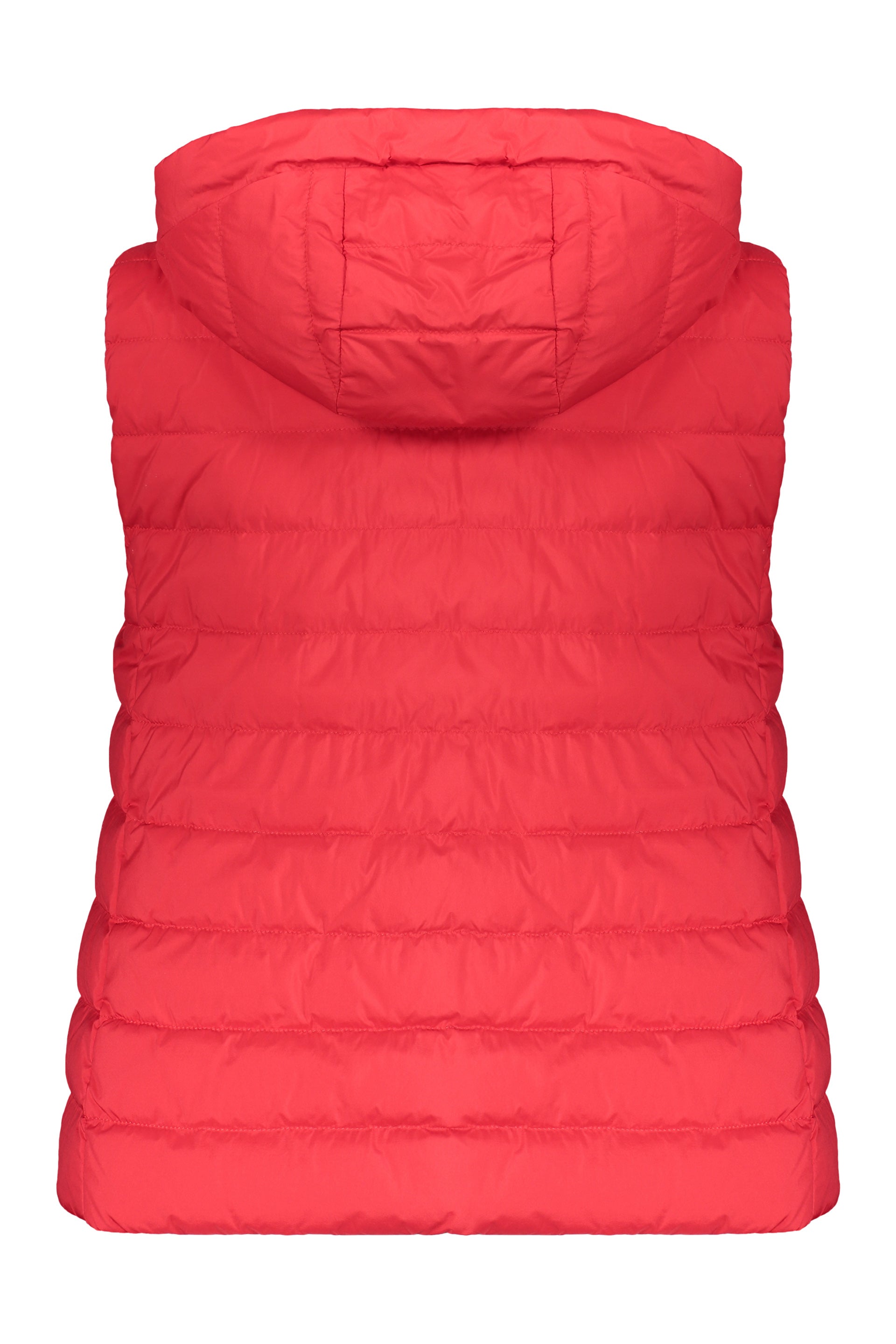 Red puffy jacket without sleeves with reversible hood