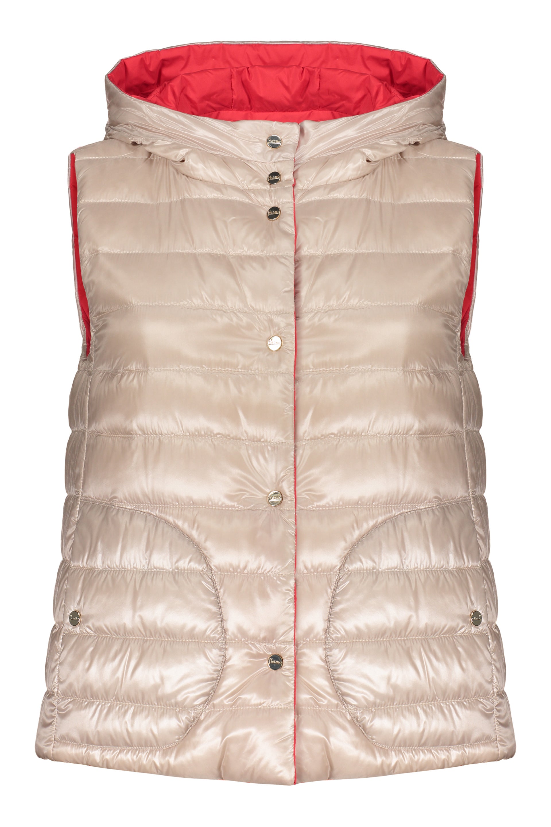 Red puffy jacket without sleeves with reversible hood