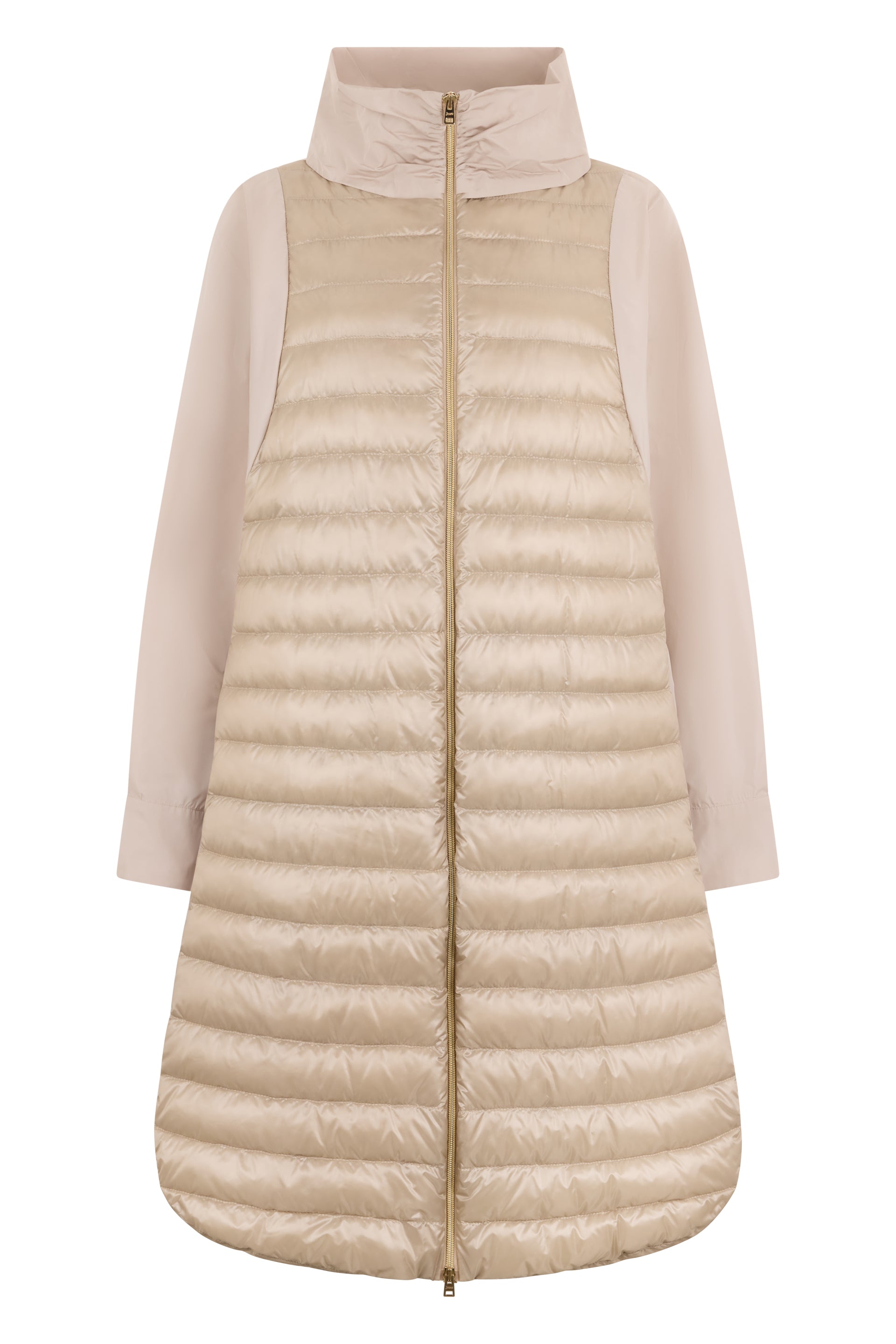 Long beige elegant quilted jacket, modern and versatile design