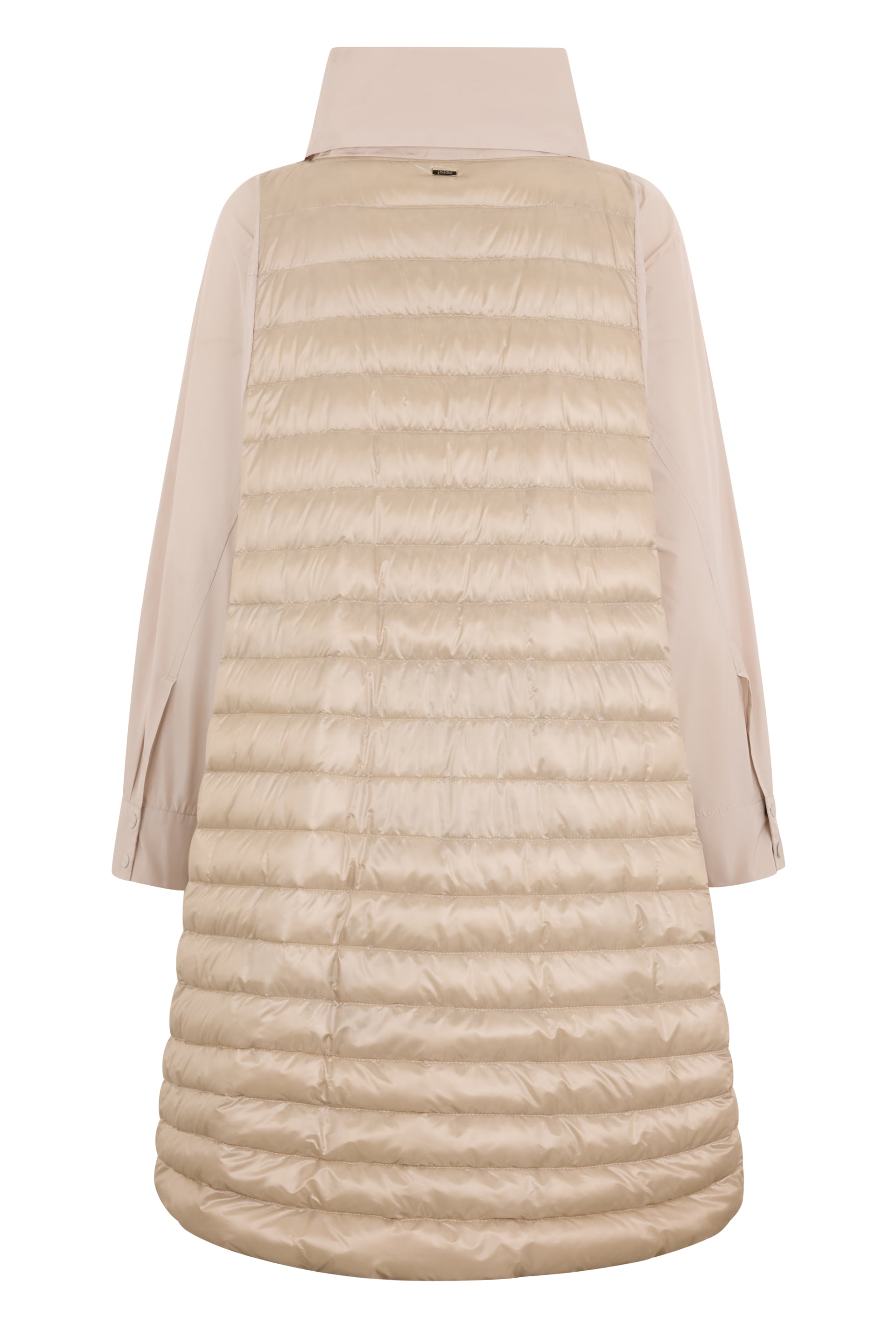 Long beige elegant quilted jacket, modern and versatile design