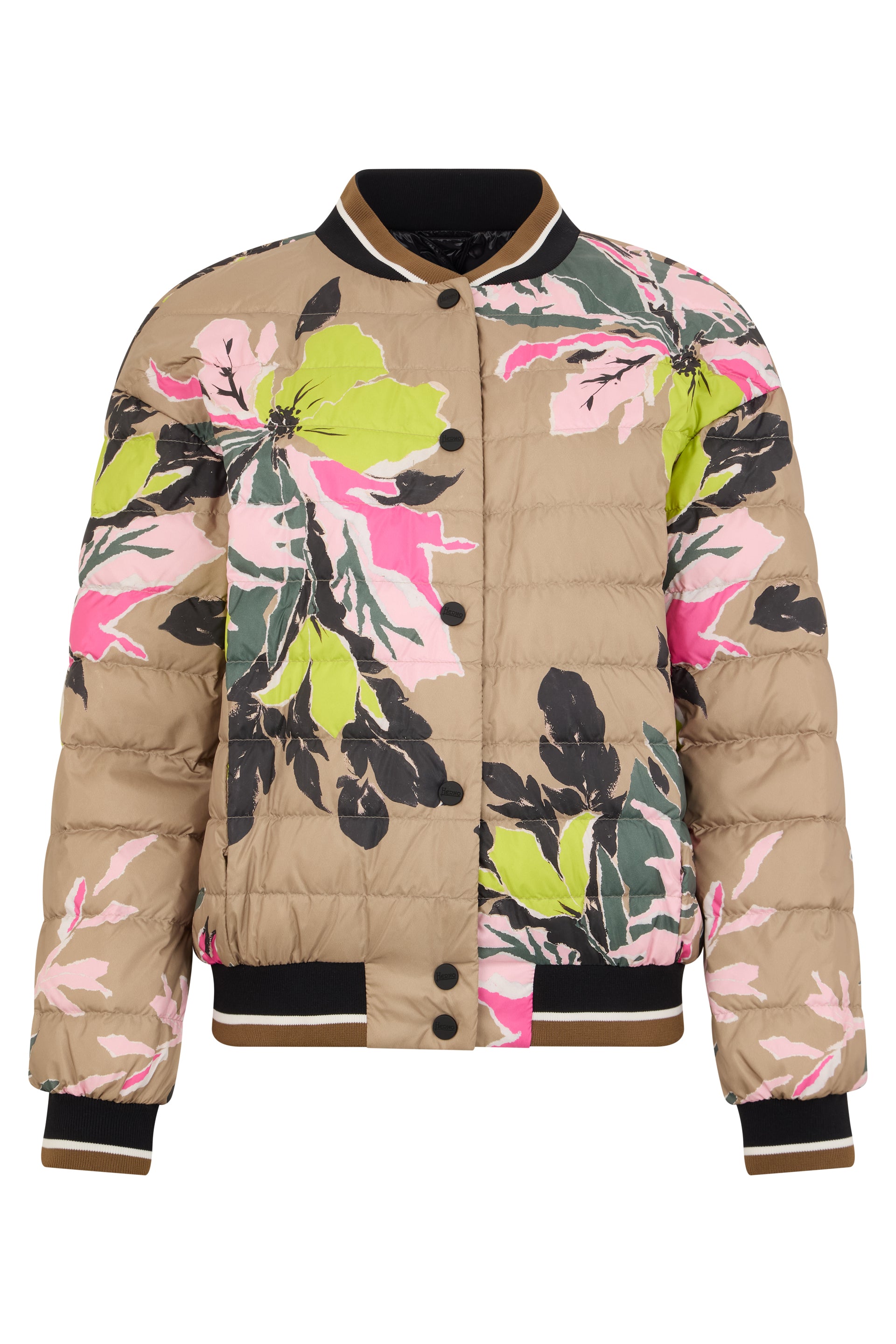 Beige floral bomber with versatile and elegant details
