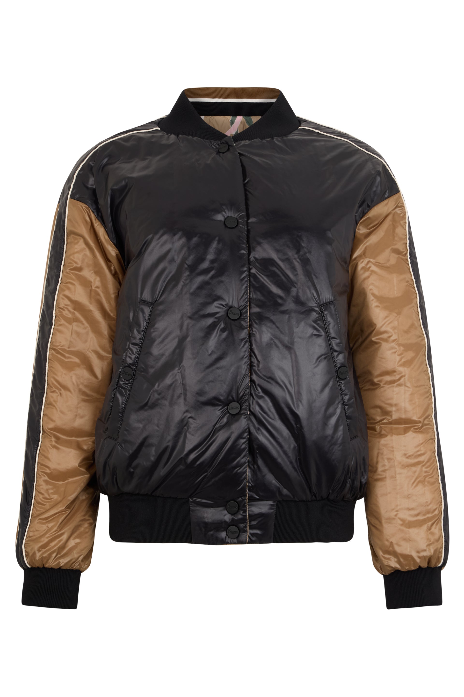 Beige floral bomber with versatile and elegant details