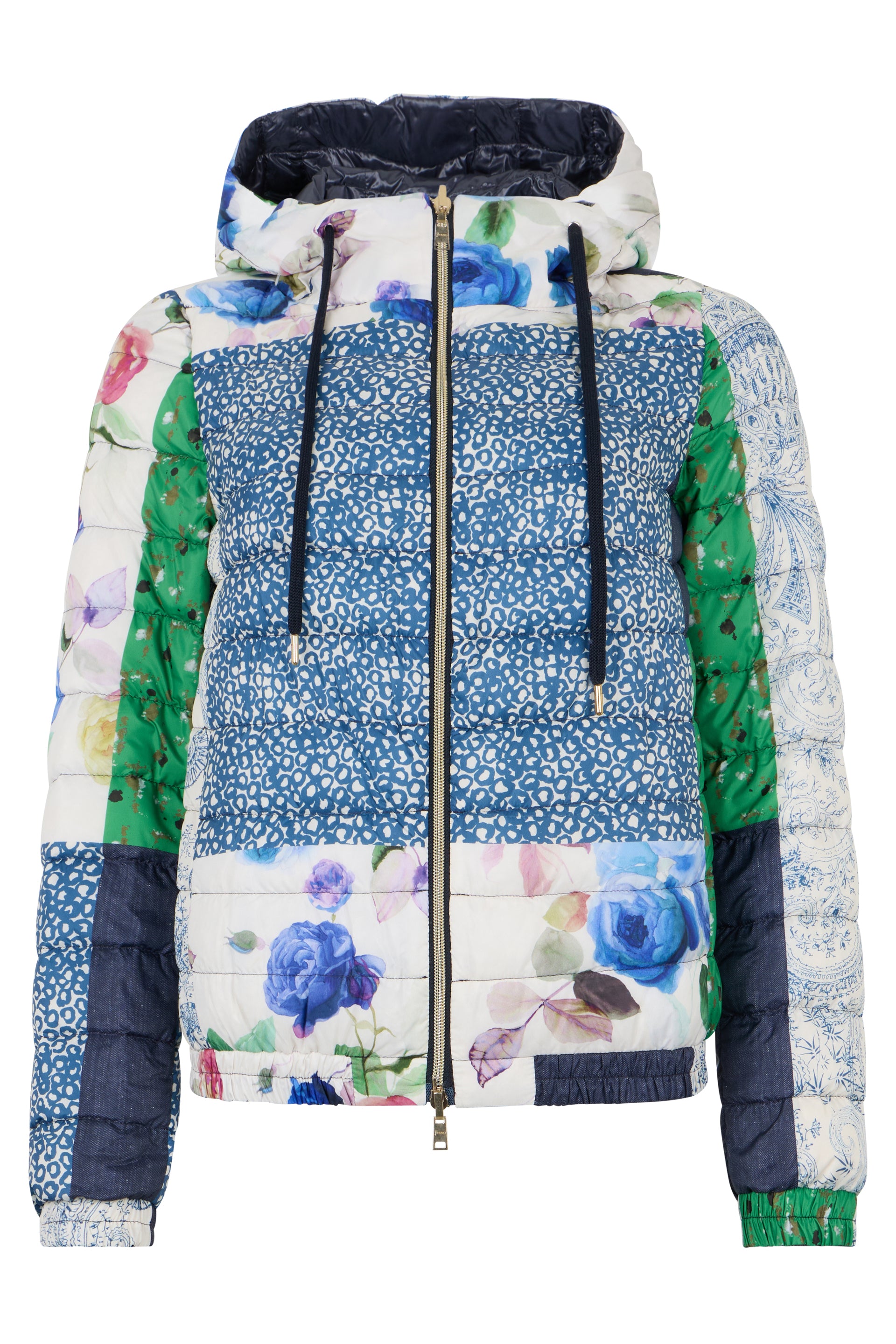 Padded jacket with patchwork designs