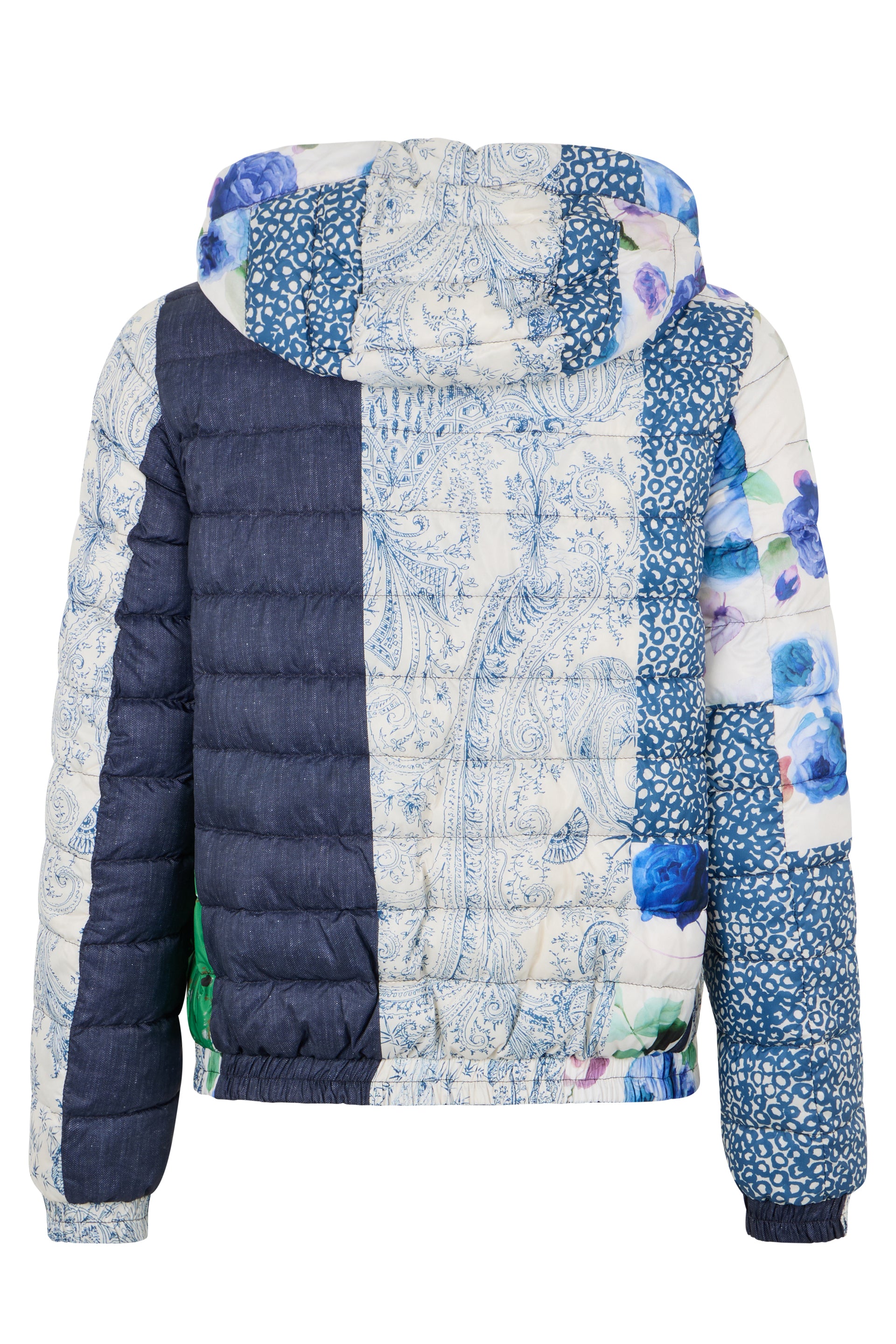 Padded jacket with patchwork designs