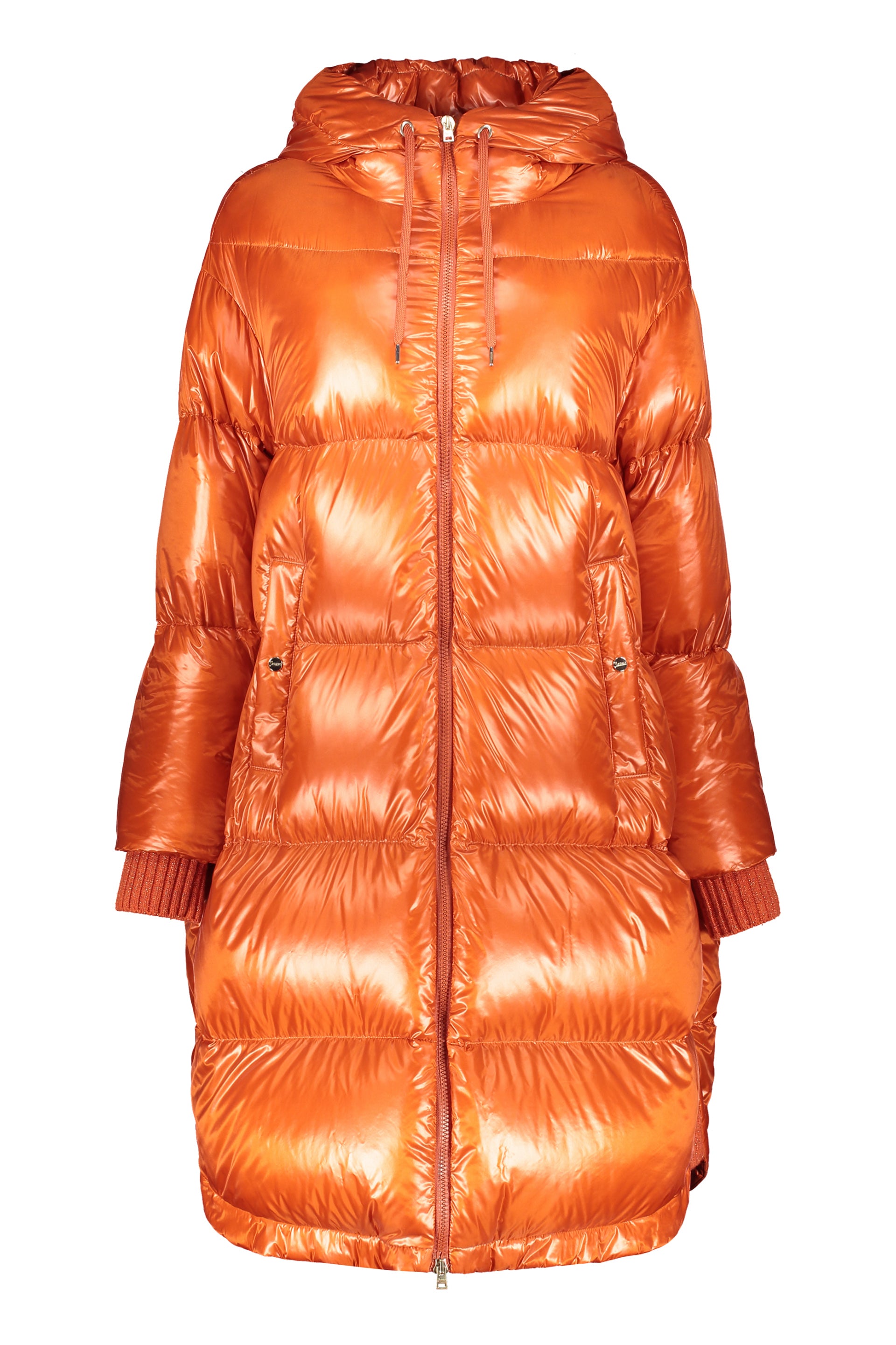Orange down jacket with hood and pockets