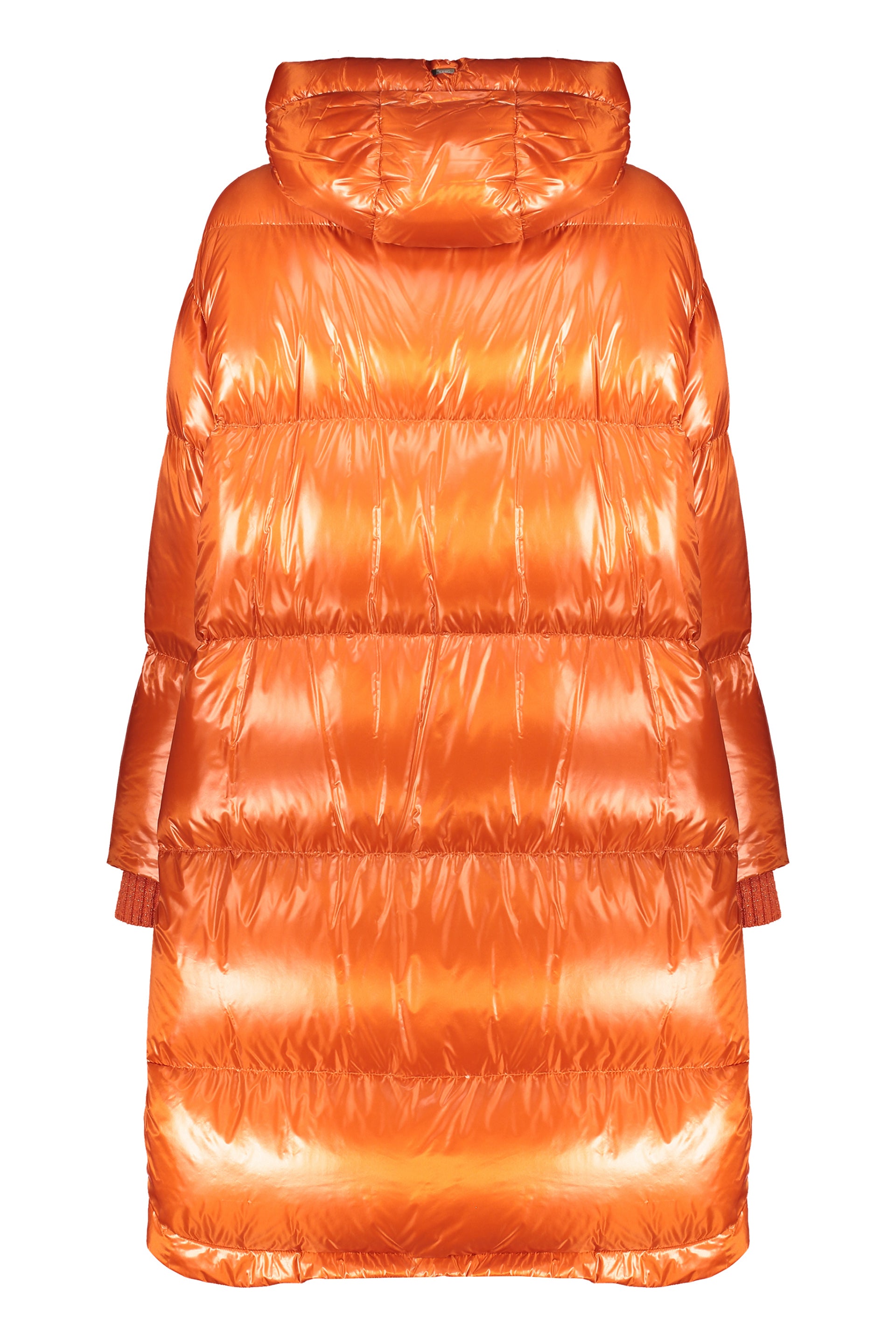 Orange down jacket with hood and pockets
