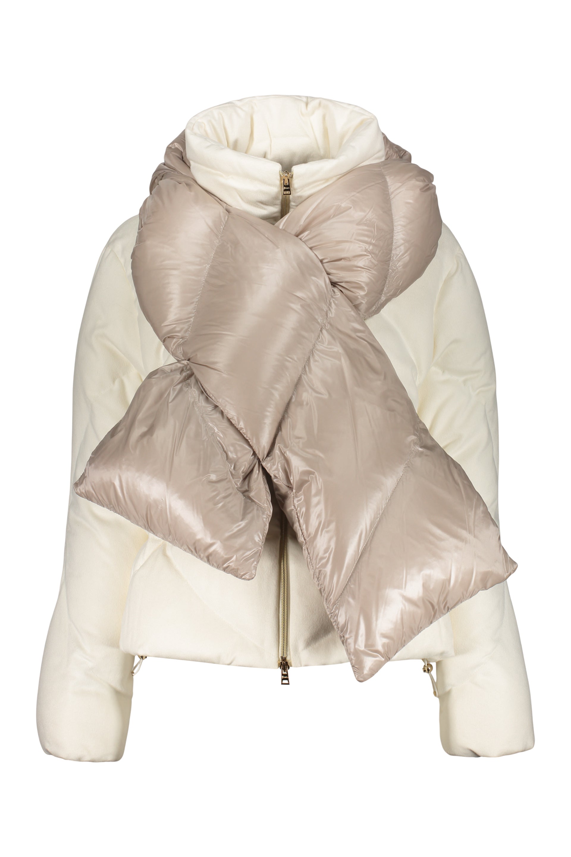 Short down jacket with removable hood scarf