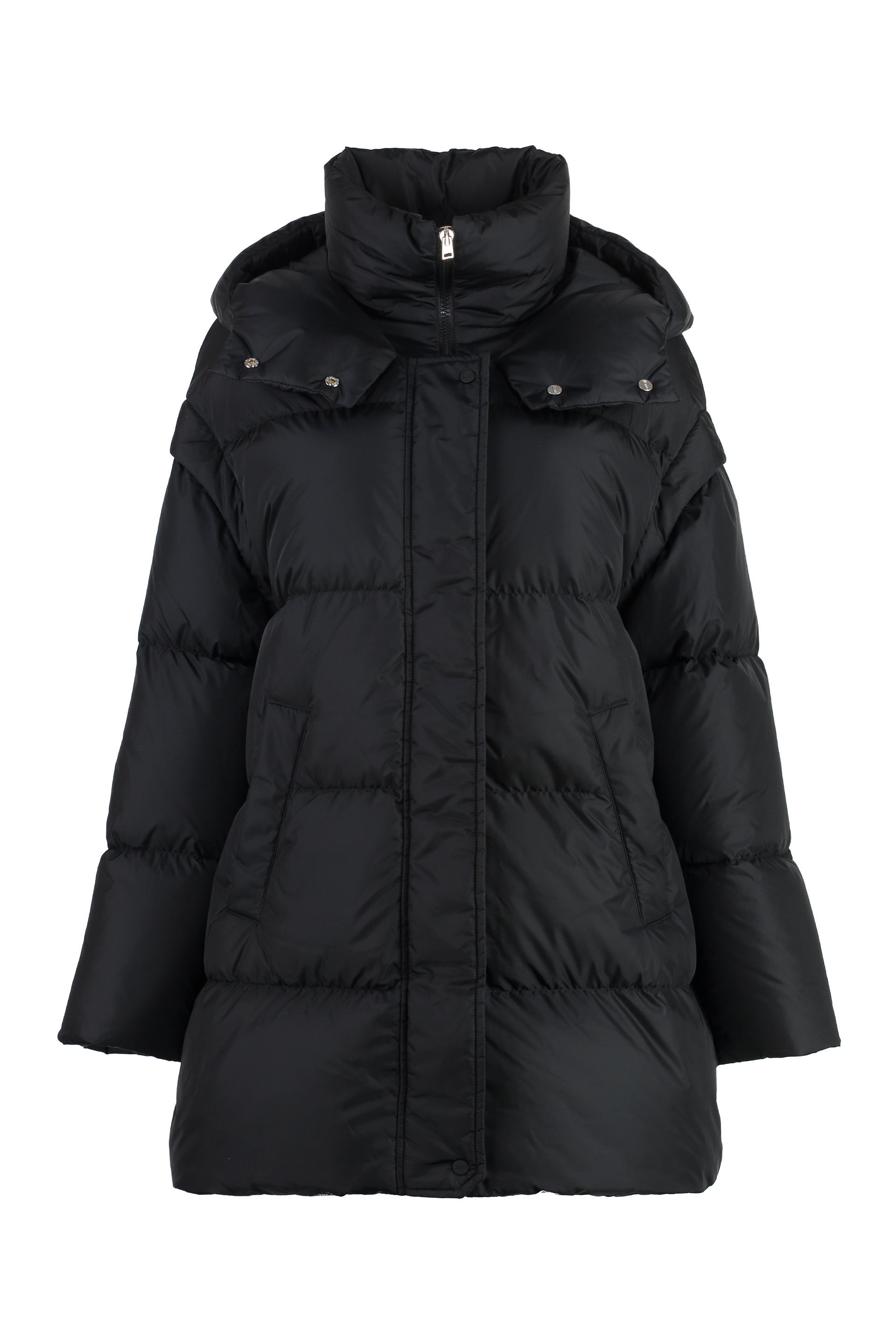 Hooded techno fabric down jacket