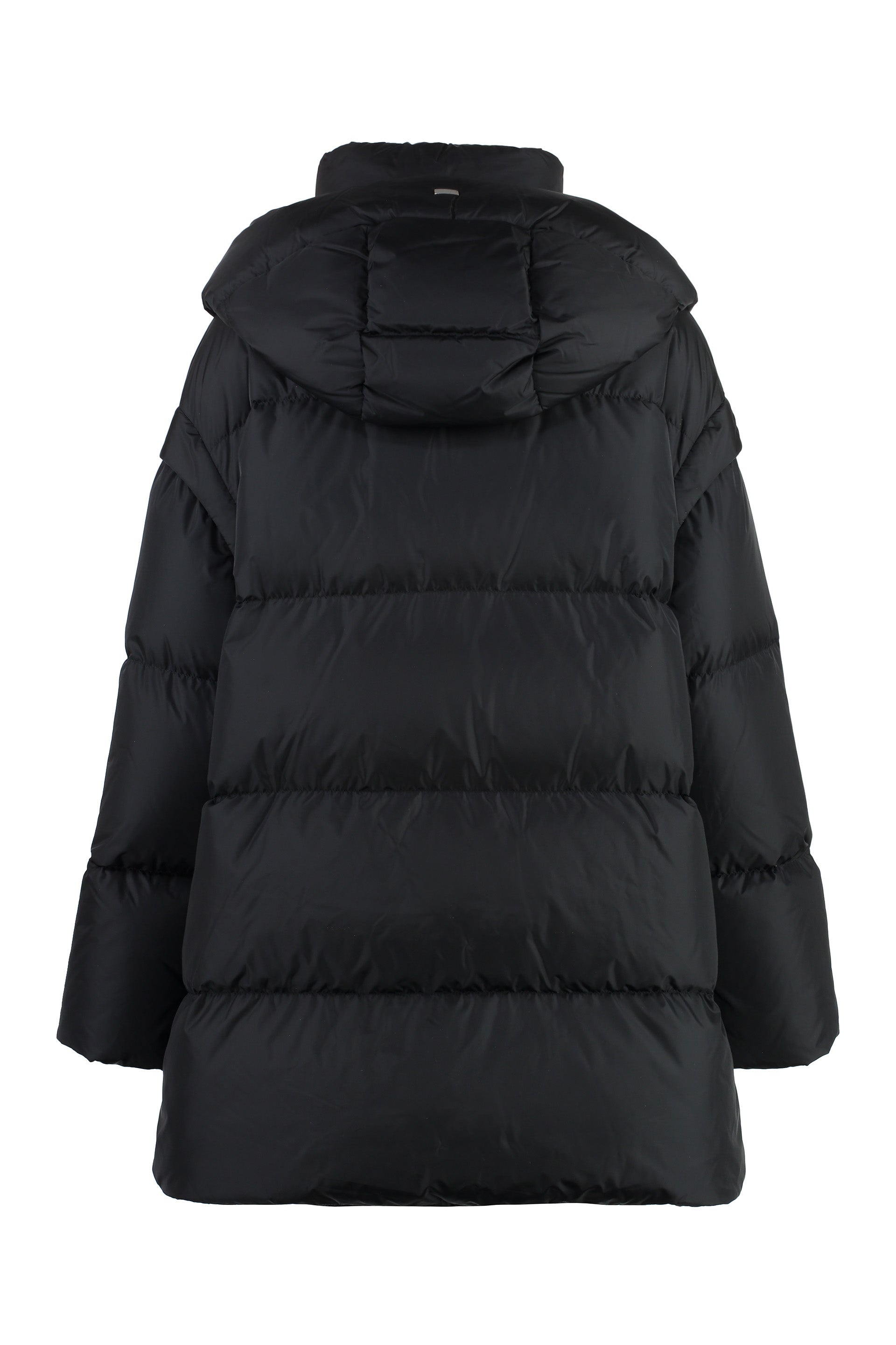 Hooded techno fabric down jacket