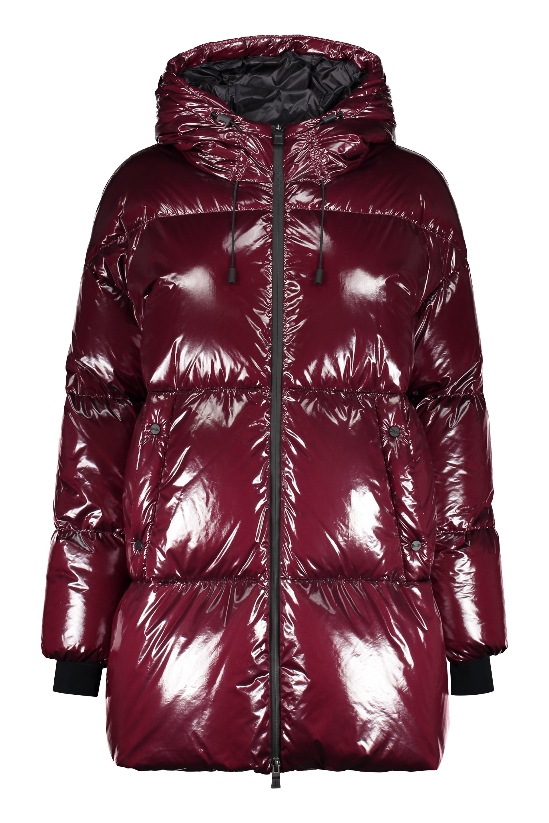 Laminar hooded shiny down jacket