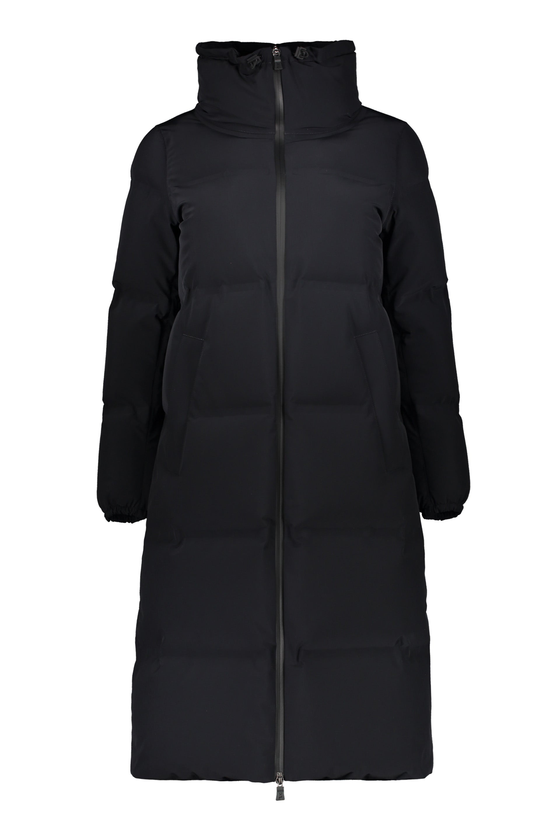 Long black puffer jacket with zipper and high collar