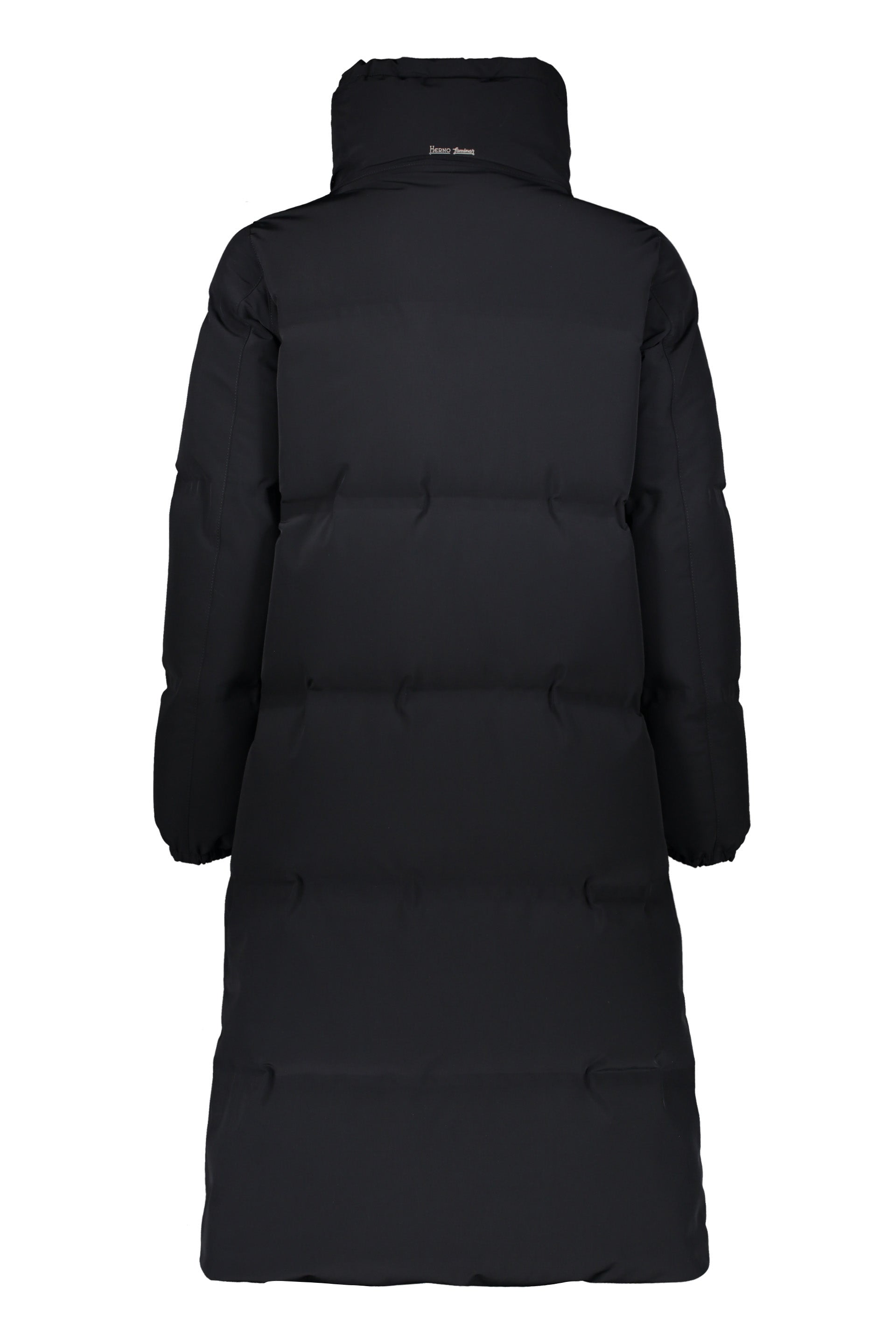 Long black puffer jacket with zipper and high collar