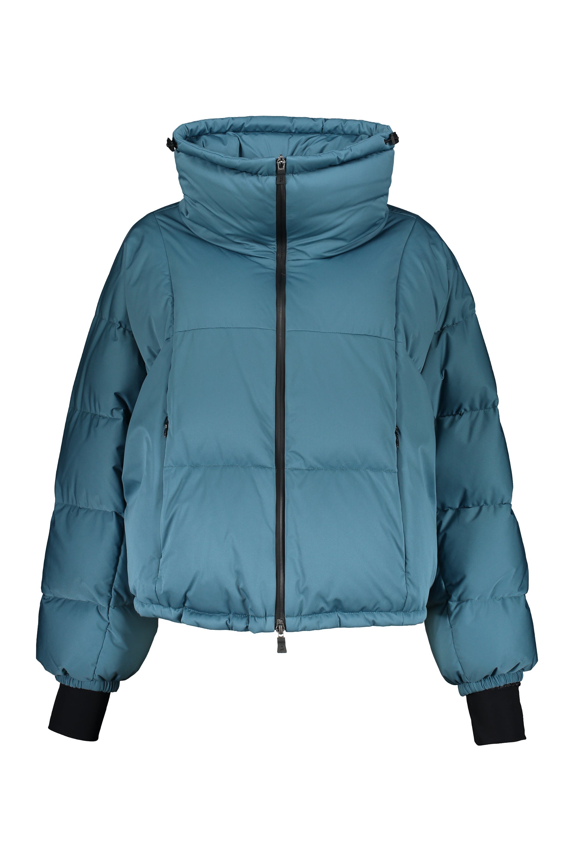 Blue down jacket with elegant hood