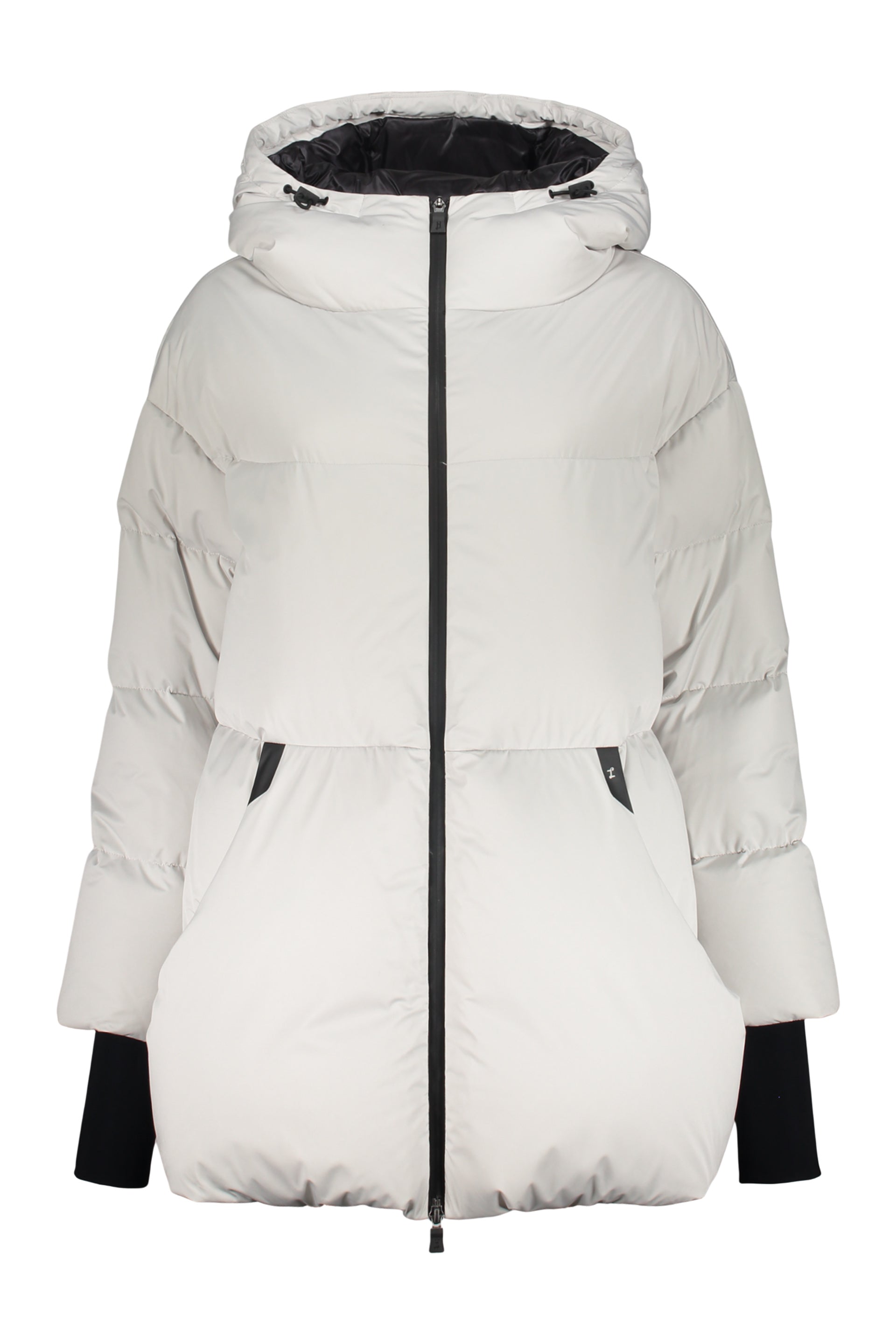 Modern white puffer jacket with hood and zip