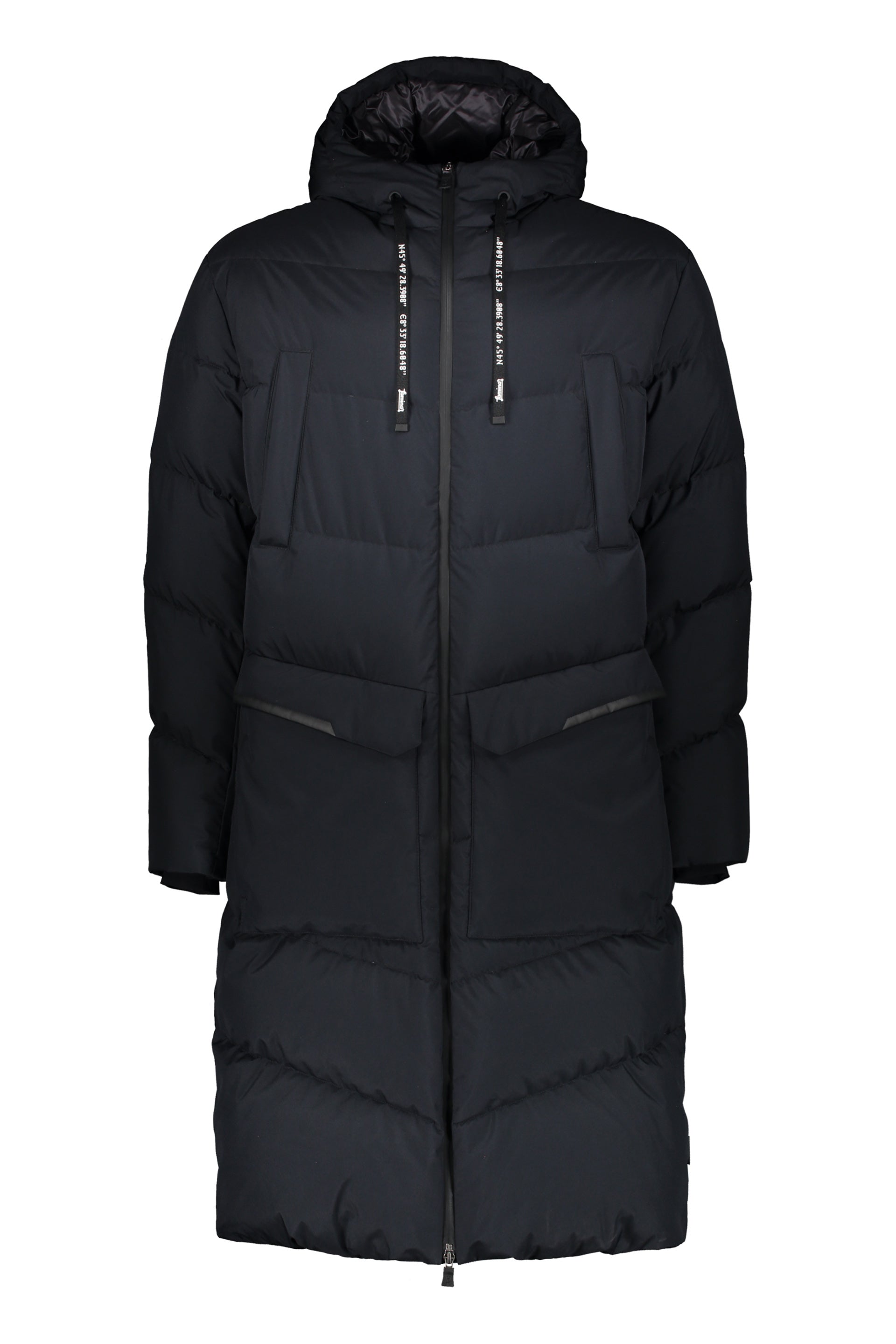 Long down jacket with adjustable hood