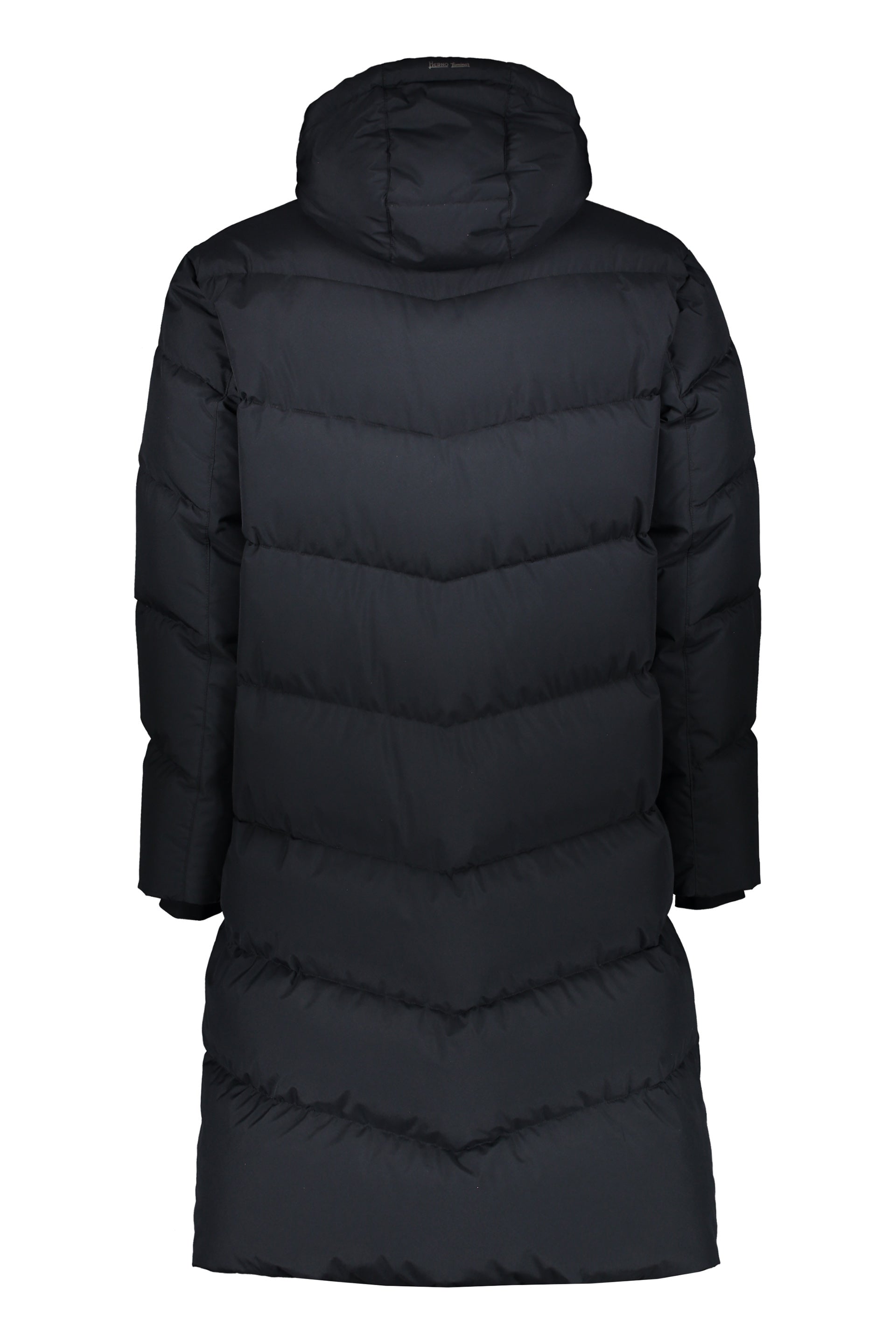 Long down jacket with adjustable hood