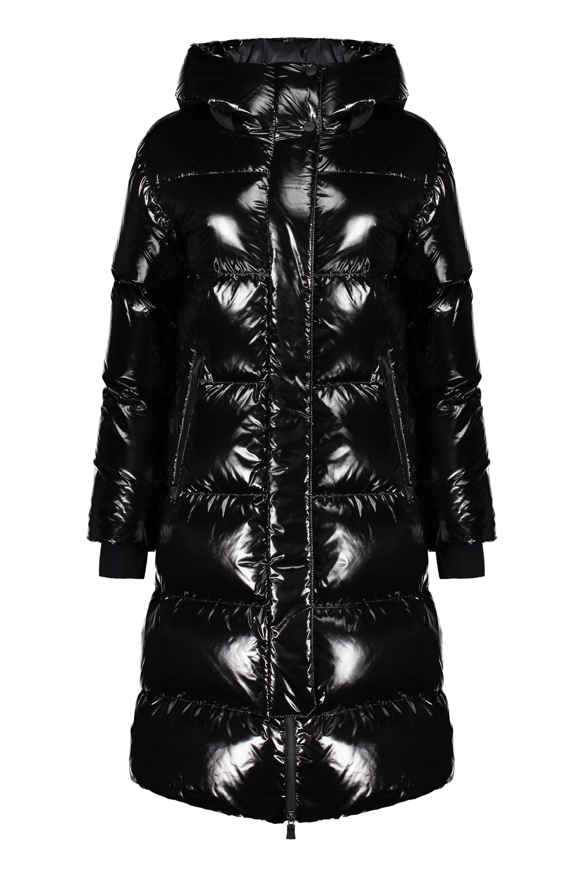 Elegant black padded winter long jacket