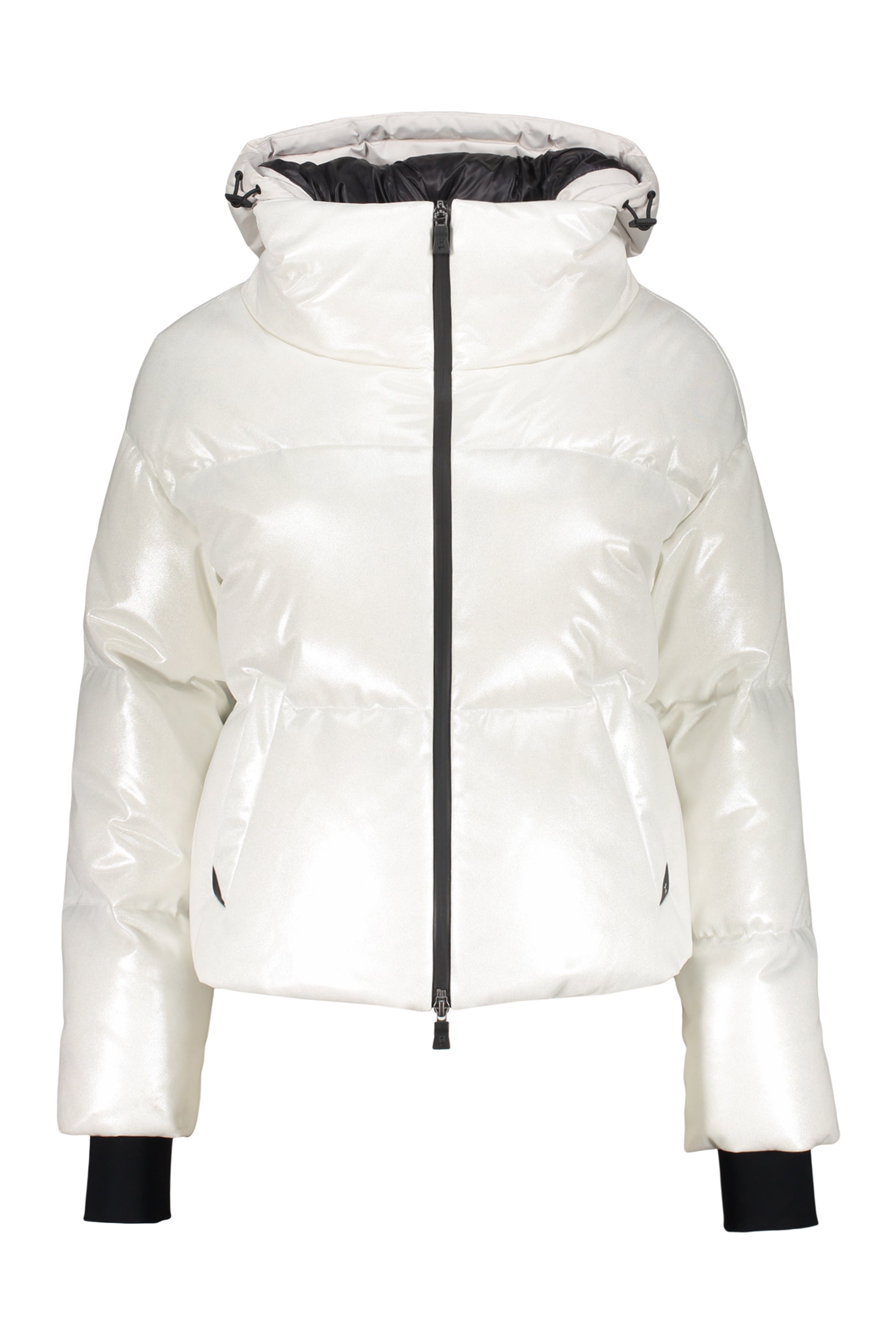 Down jacket with zip closure and adjustable hood