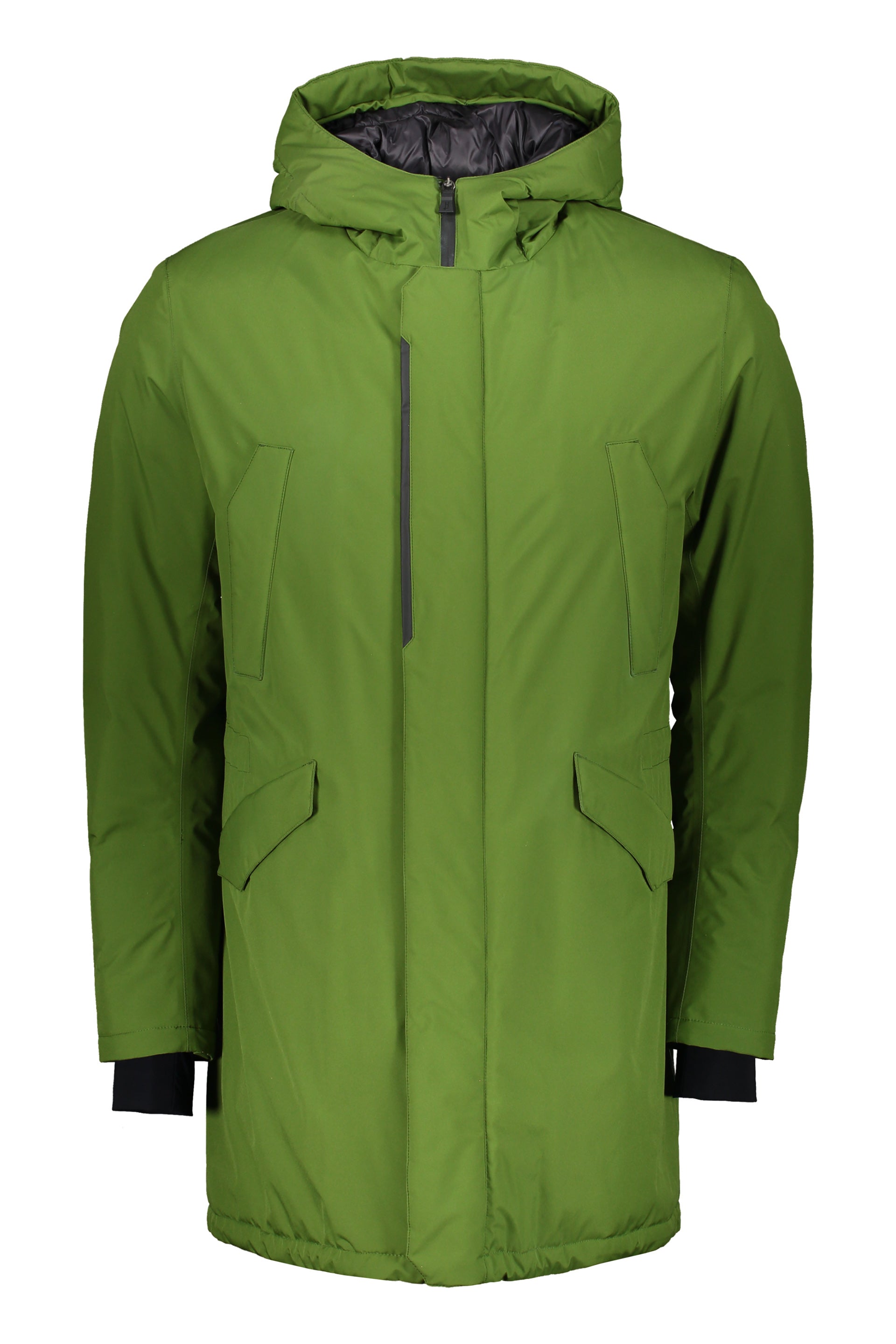 Green jacket with adjustable hood