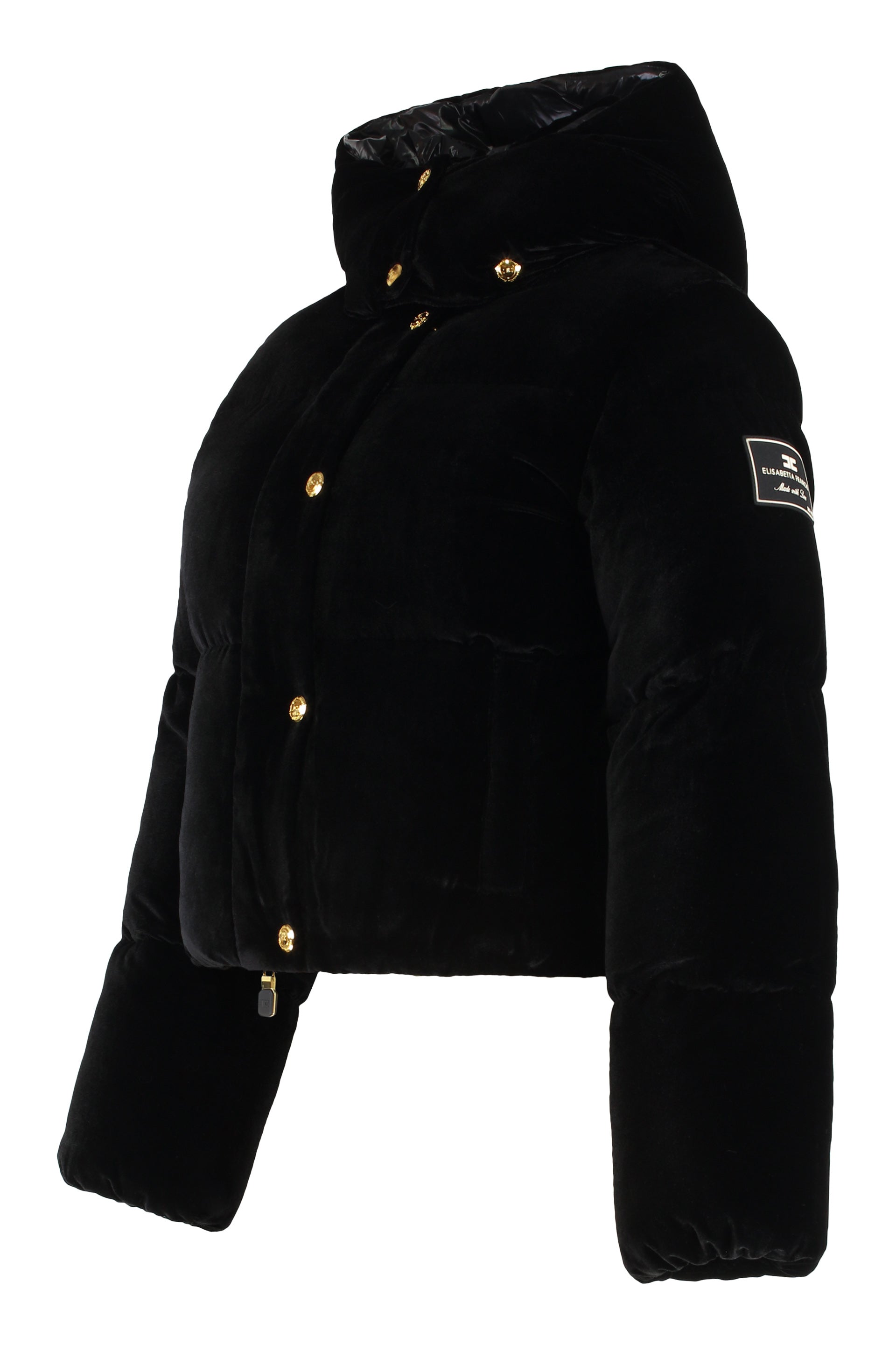 Puffer jacket in velvet with hood