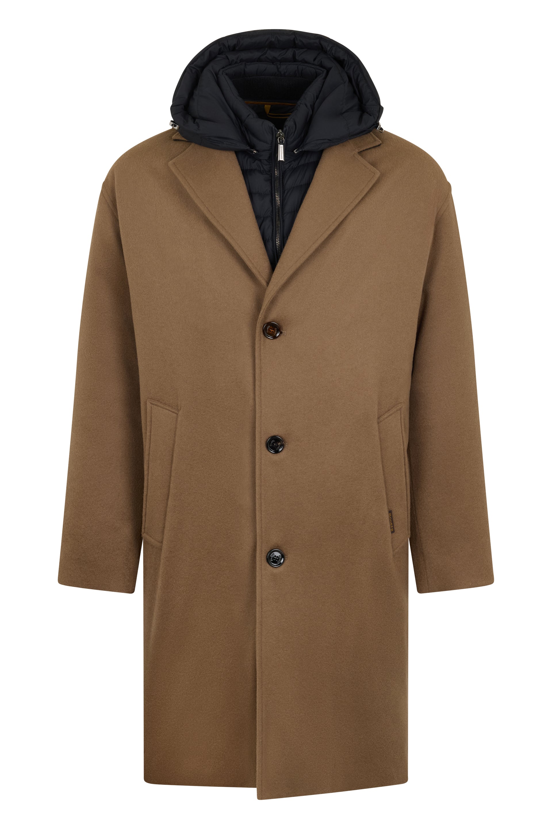 Elegant long brown jacket with hood