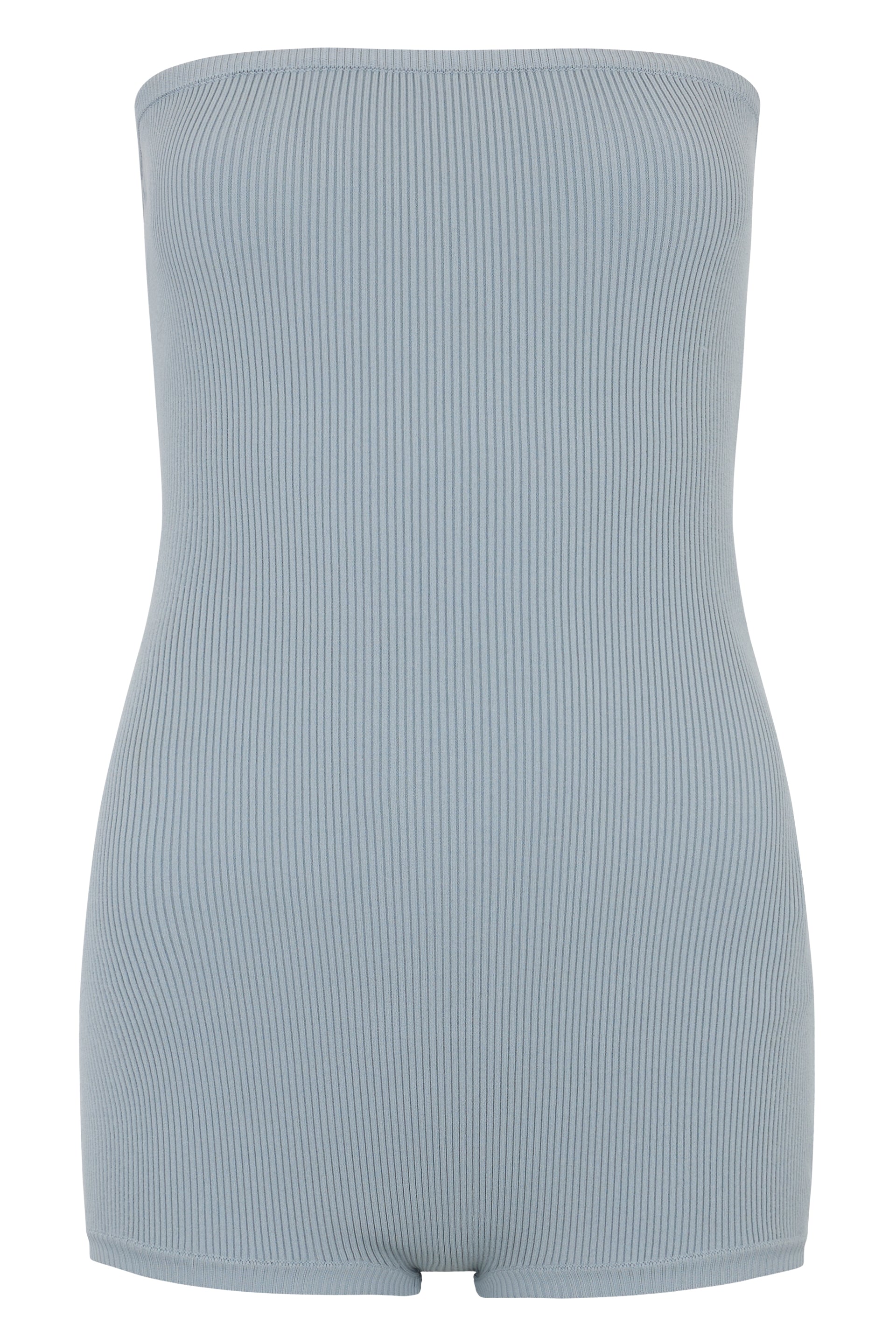 Short jumpsuit without straps in blue, casual and versatile.