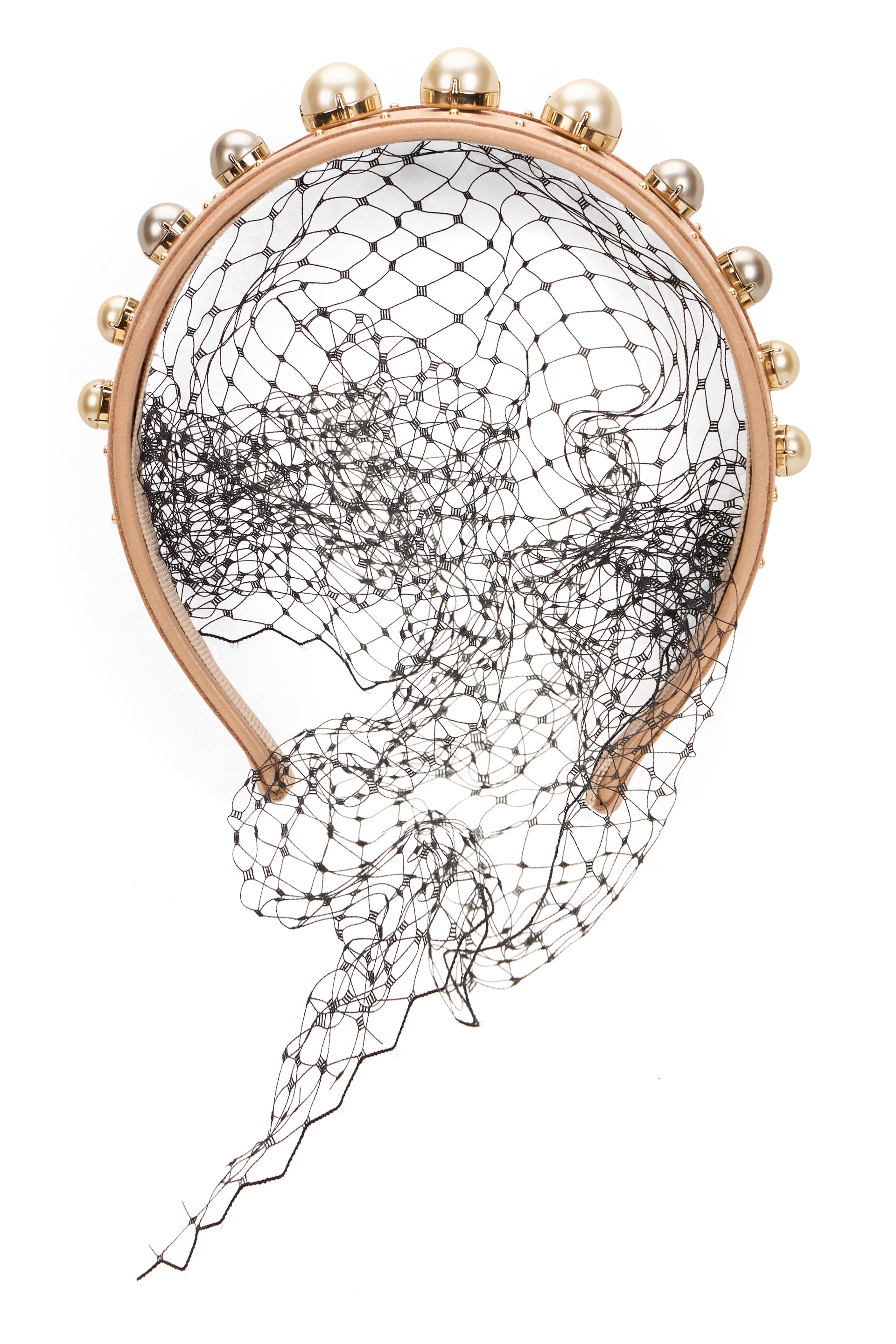 Beige elegant headband with pearls and mesh, distinctive design.