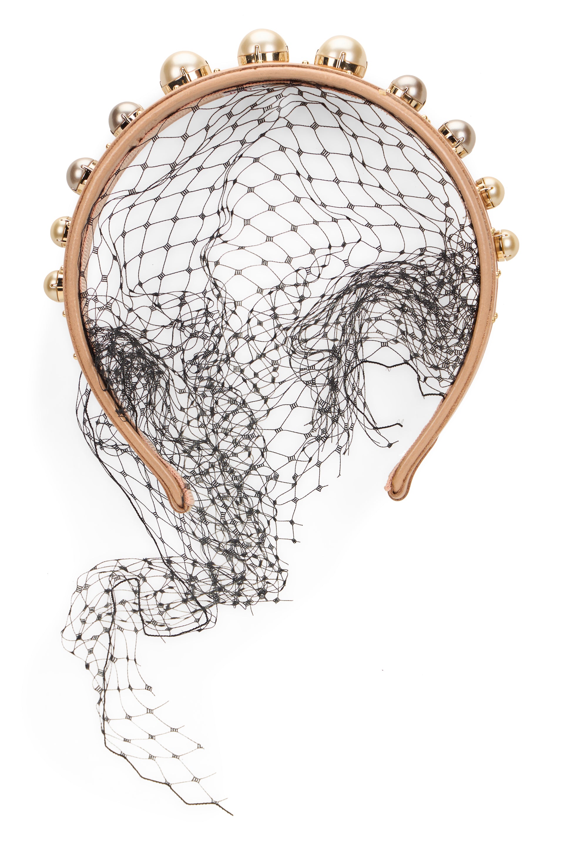 Beige elegant headband with pearls and mesh, distinctive design.