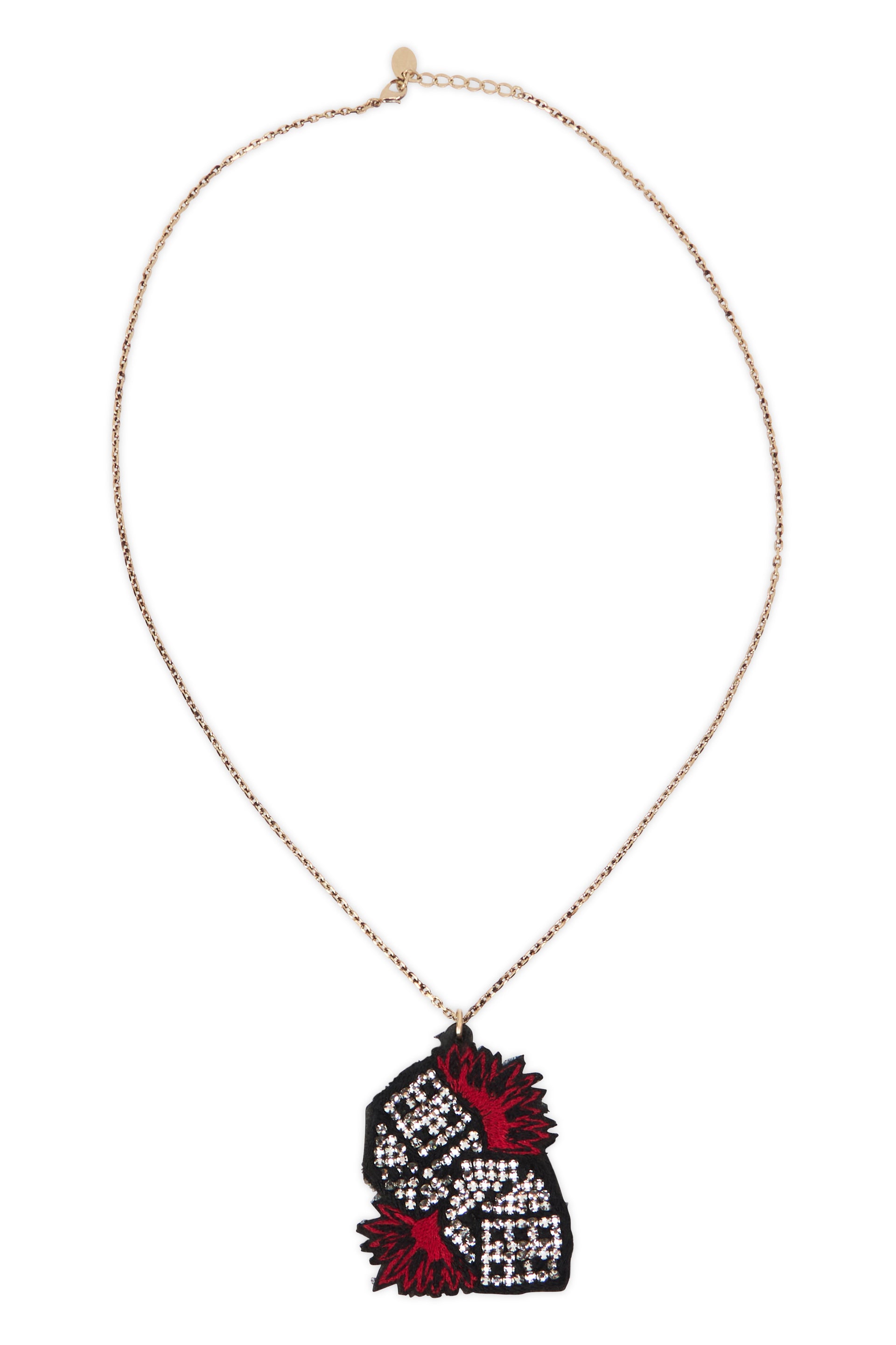 Elegant gold necklace with artistic red pendant.