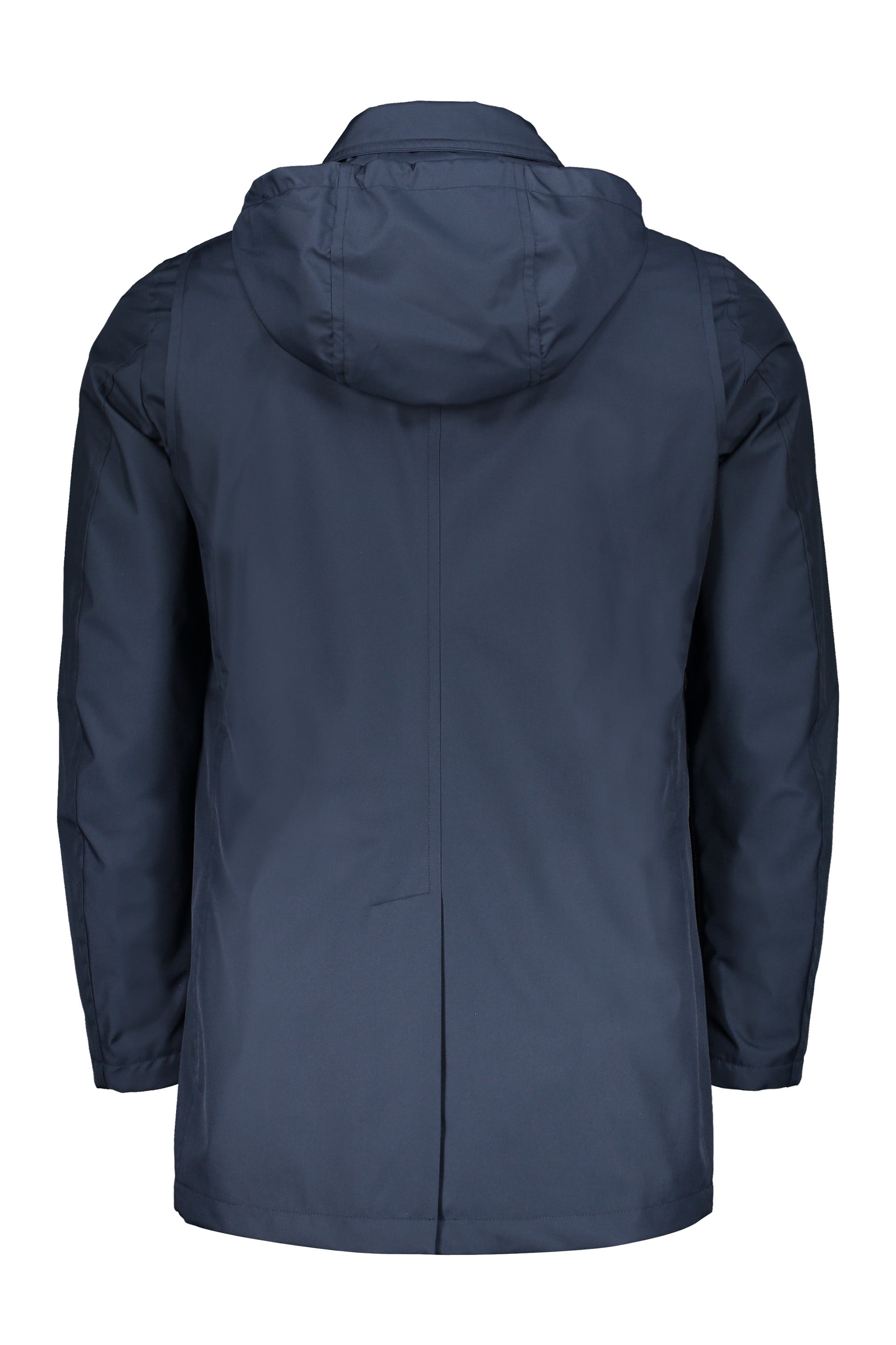 Blue waterproof jacket with adjustable hood