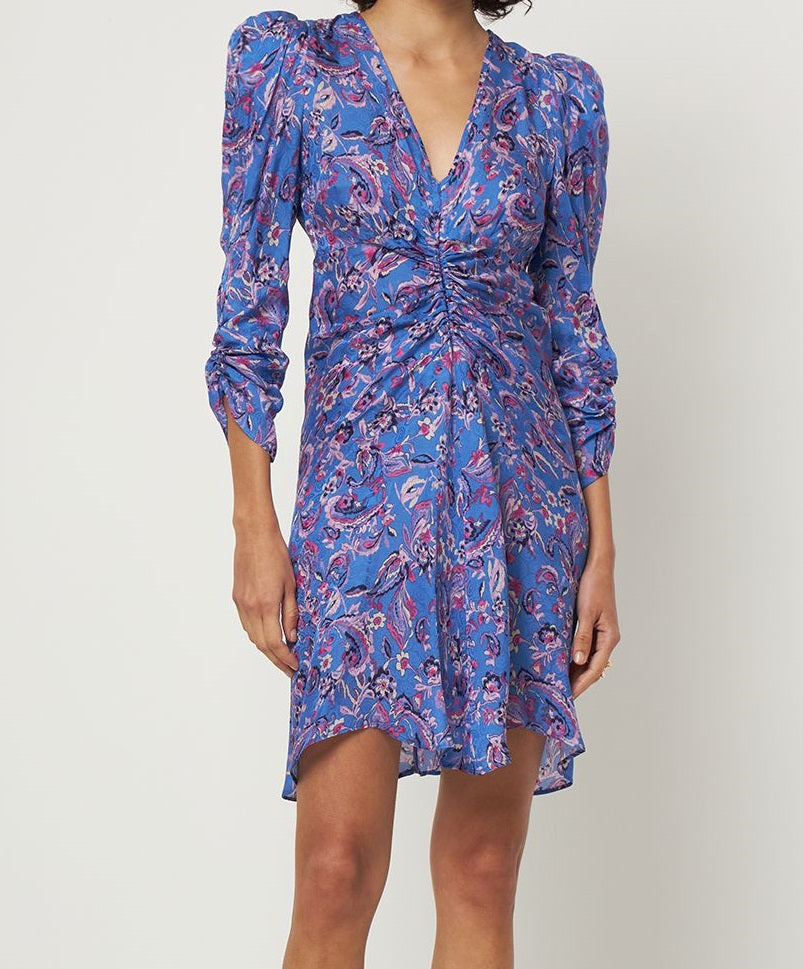Elegant floral dress in blue and purple