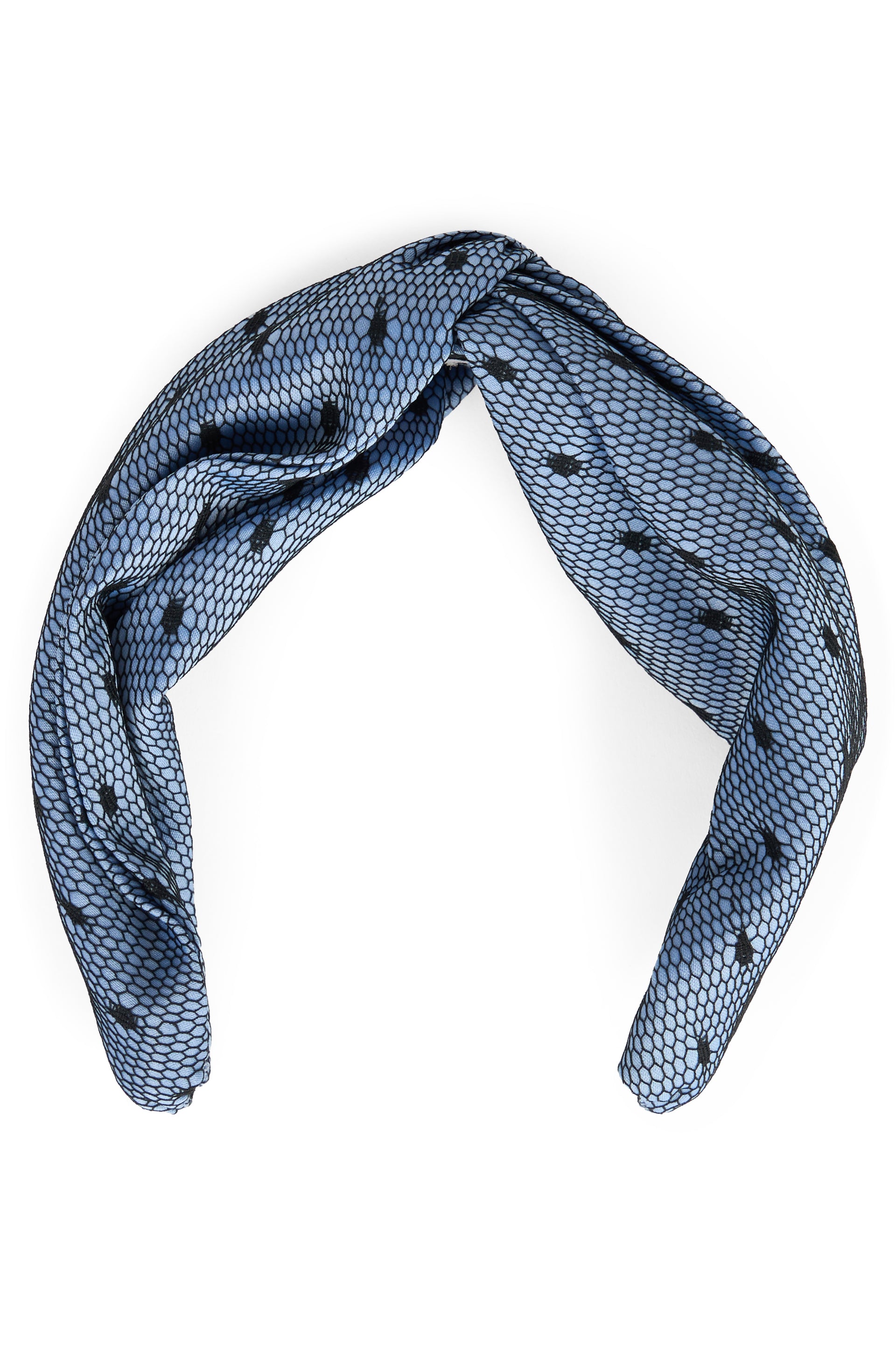 Blue headband with mesh pattern and black dots.