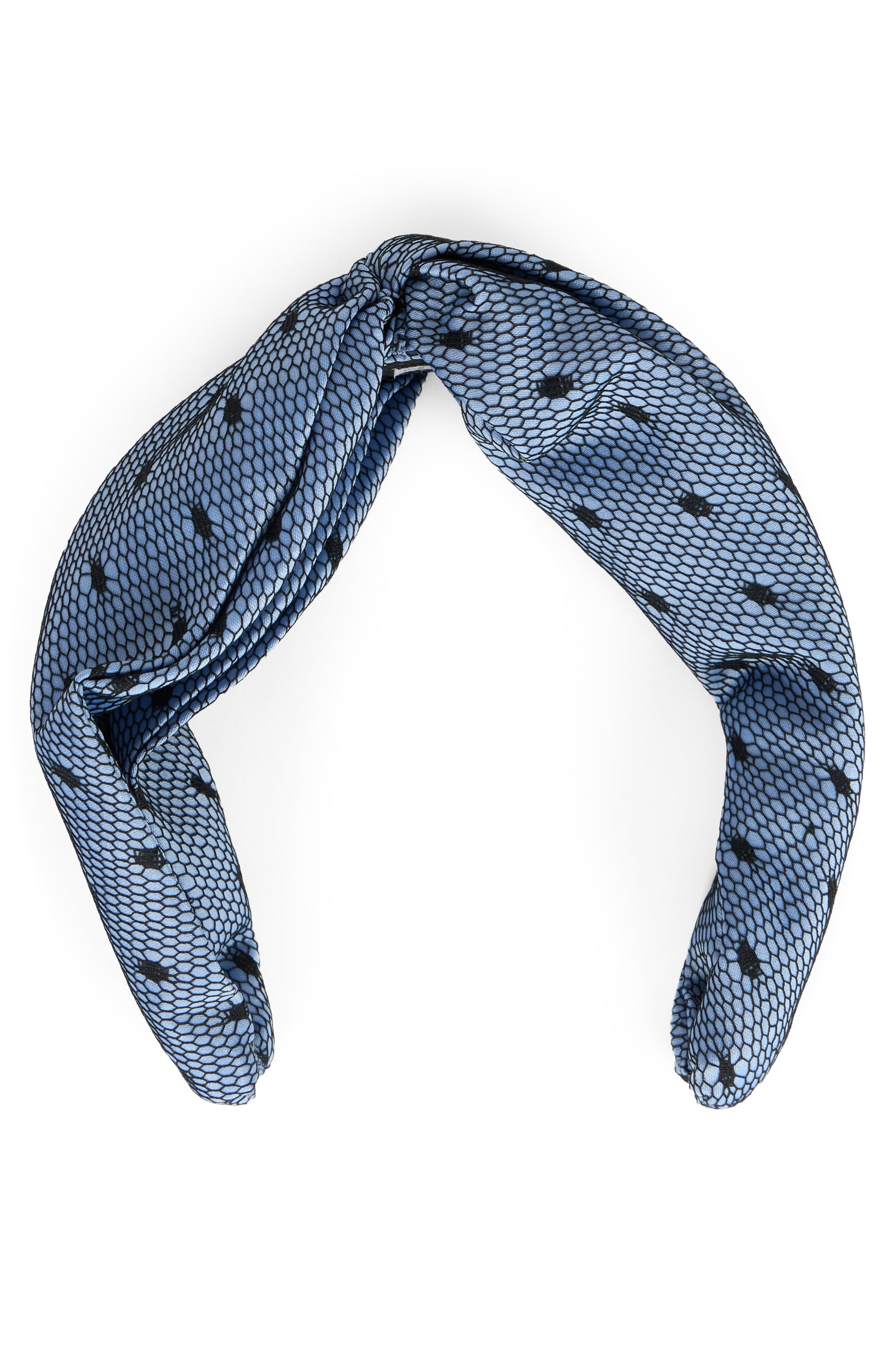 Blue headband with mesh pattern and black dots.