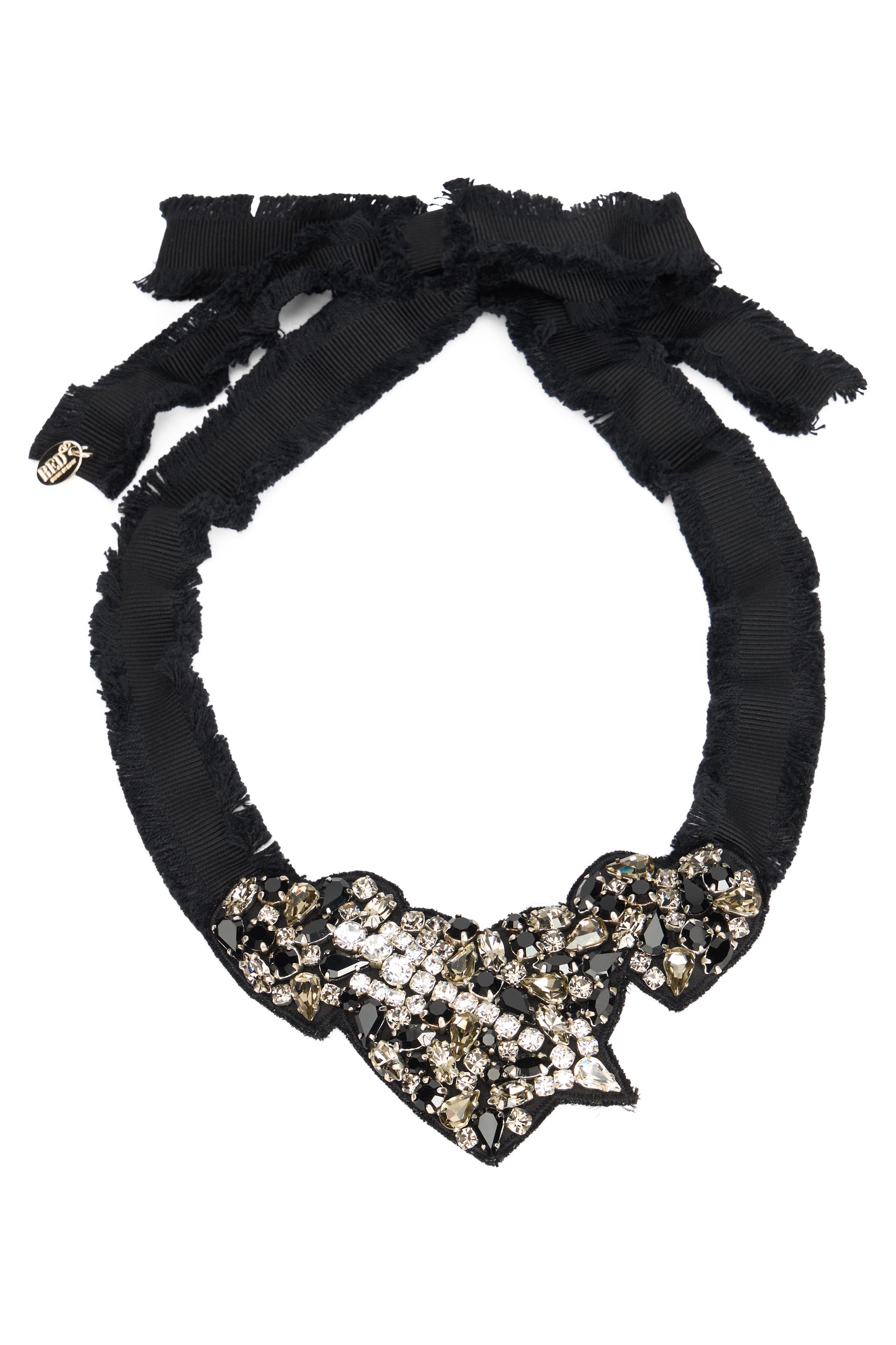 Elegant collar with black ribbon and jewelry.
