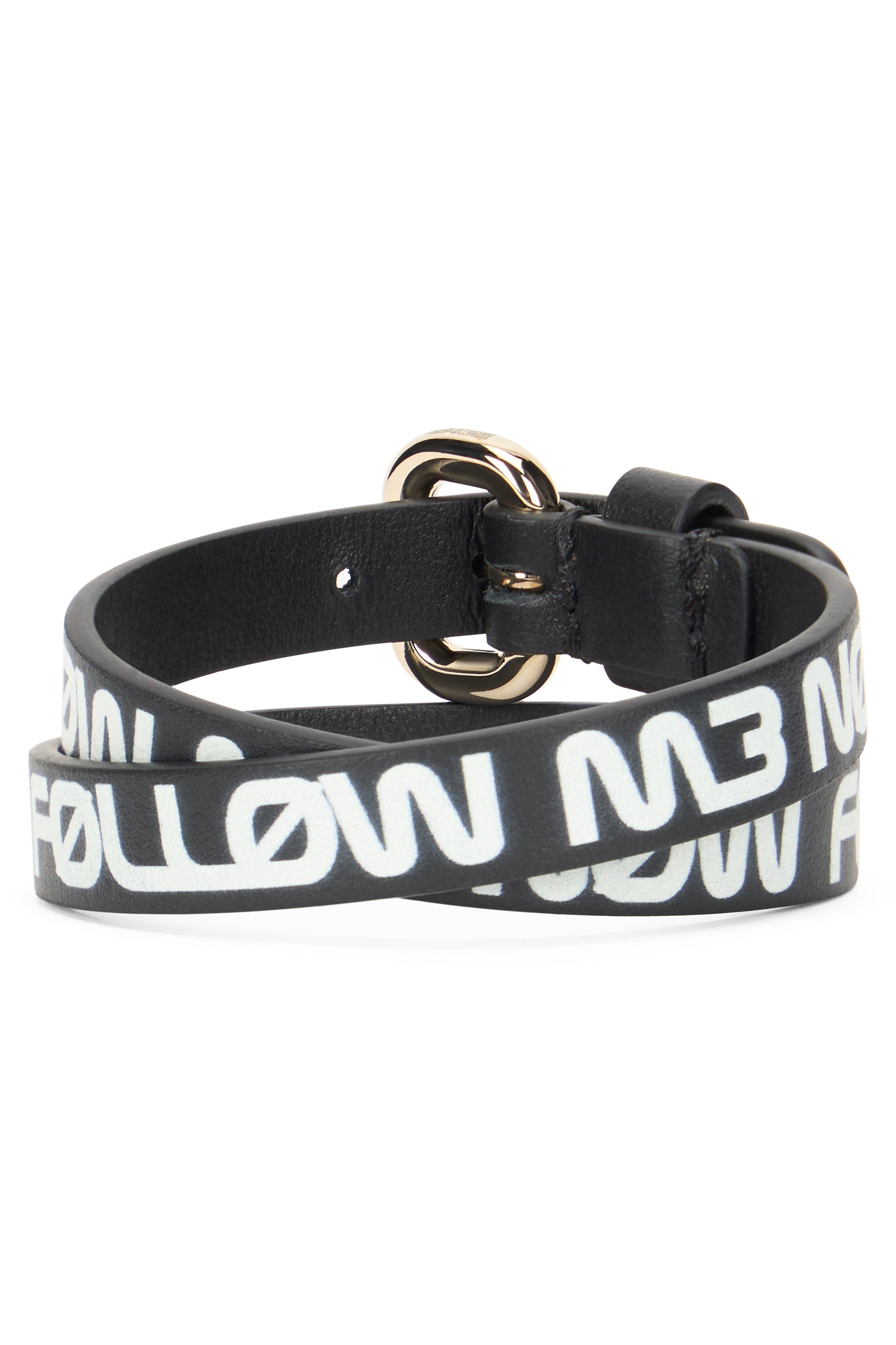 Black leather bracelet with white print.