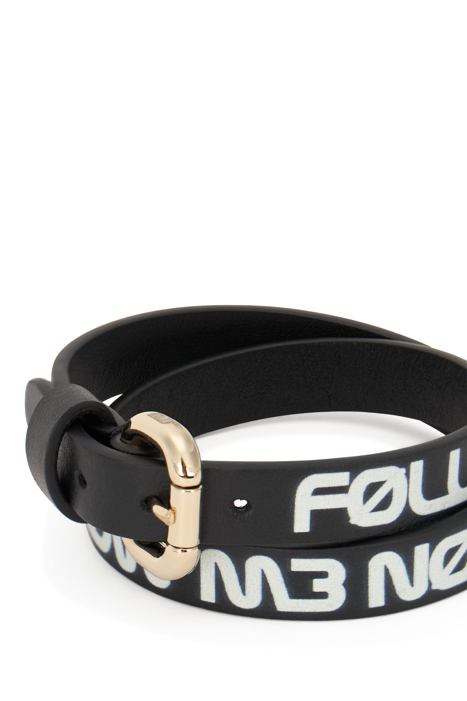 Black leather bracelet with white print.