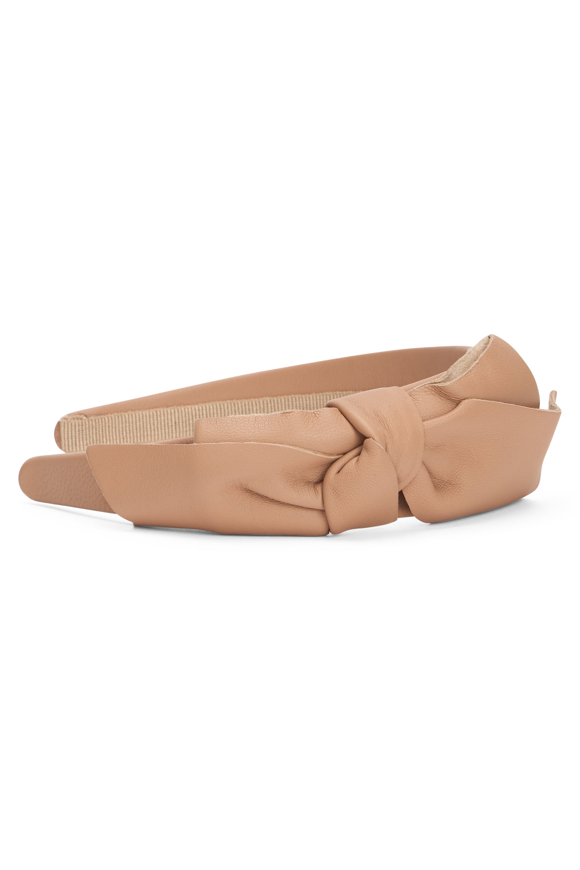Beige leather headband with bow.