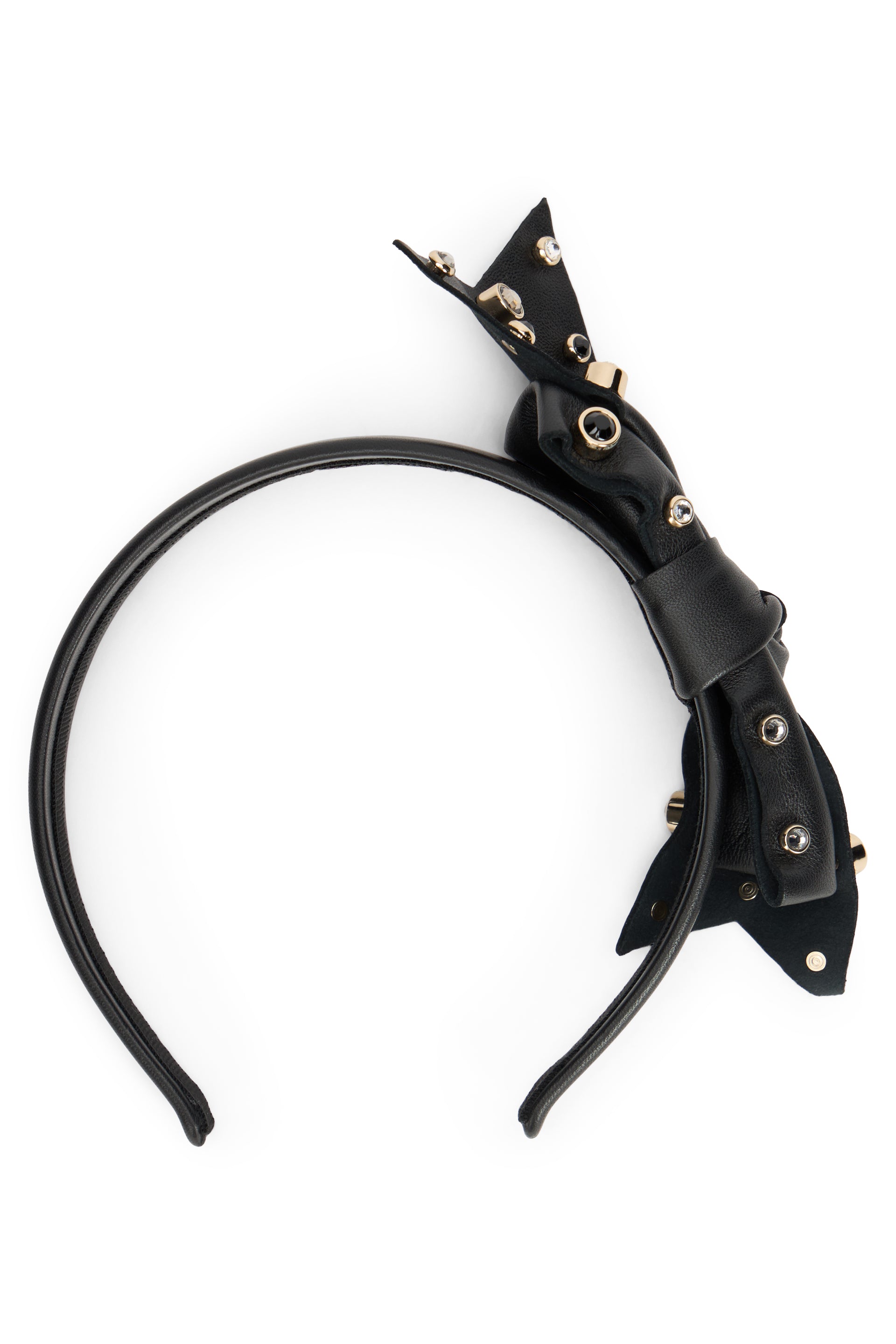 Black headband with bow and gem stones.