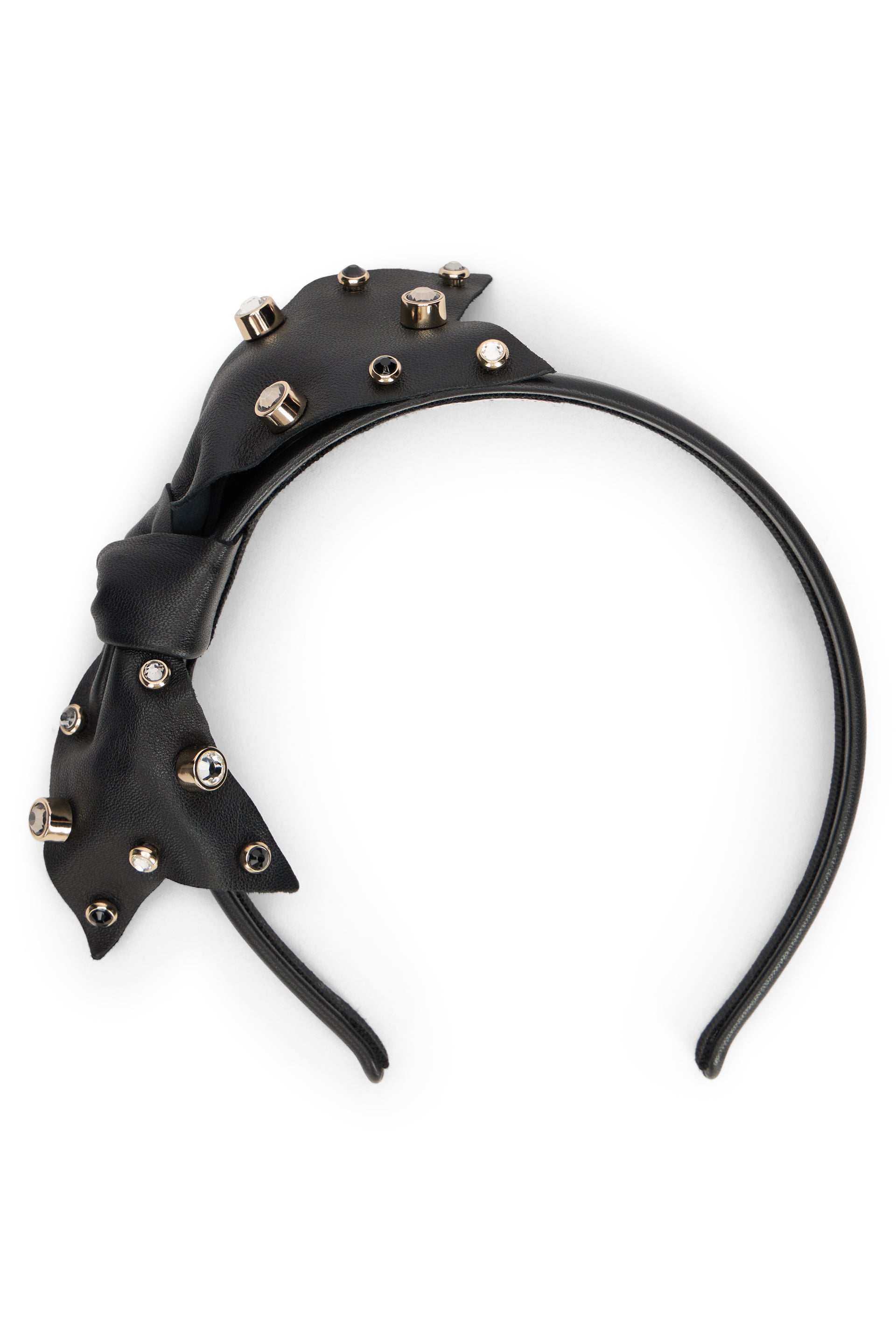 Black headband with bow and gem stones.