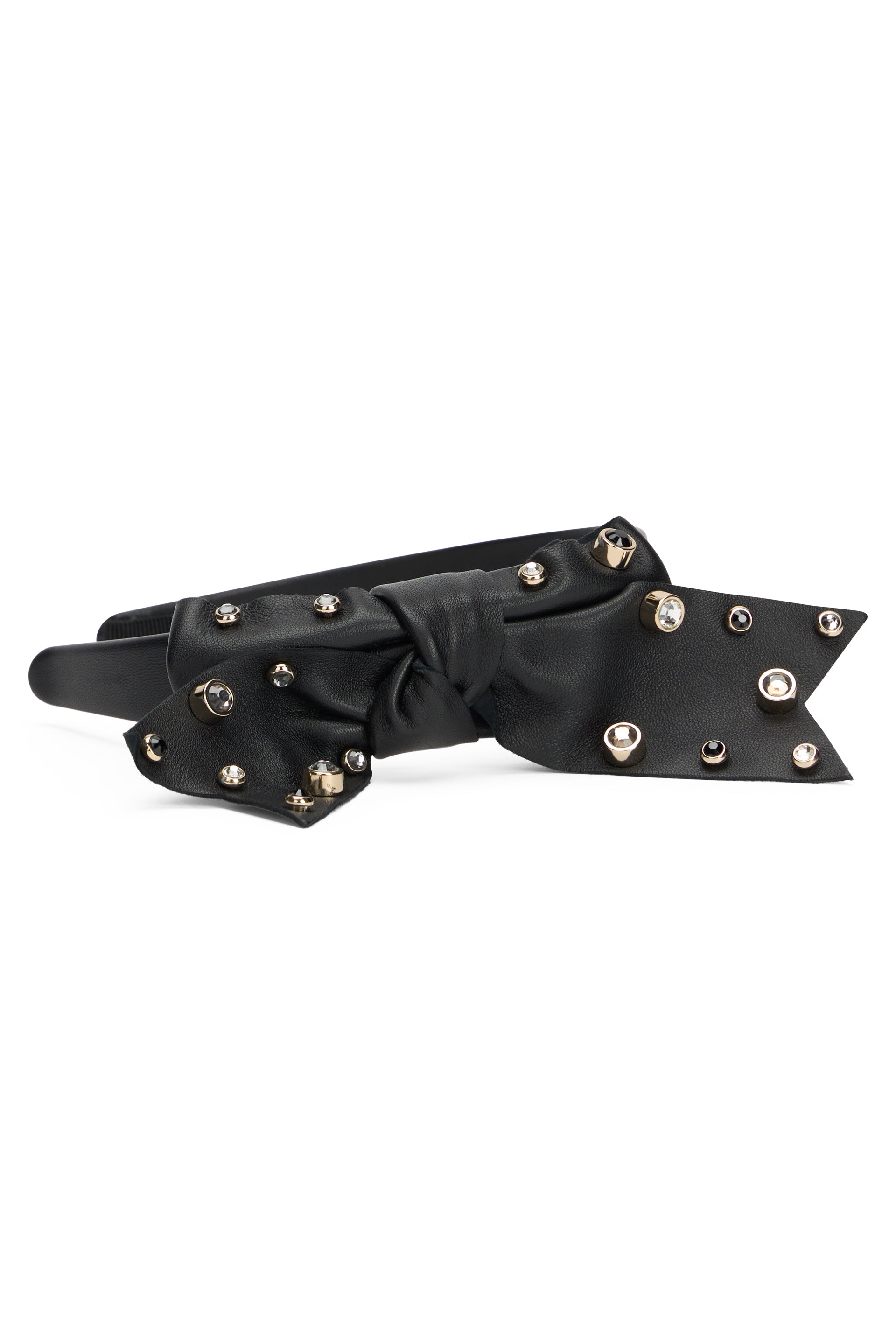 Black headband with bow and gem stones.
